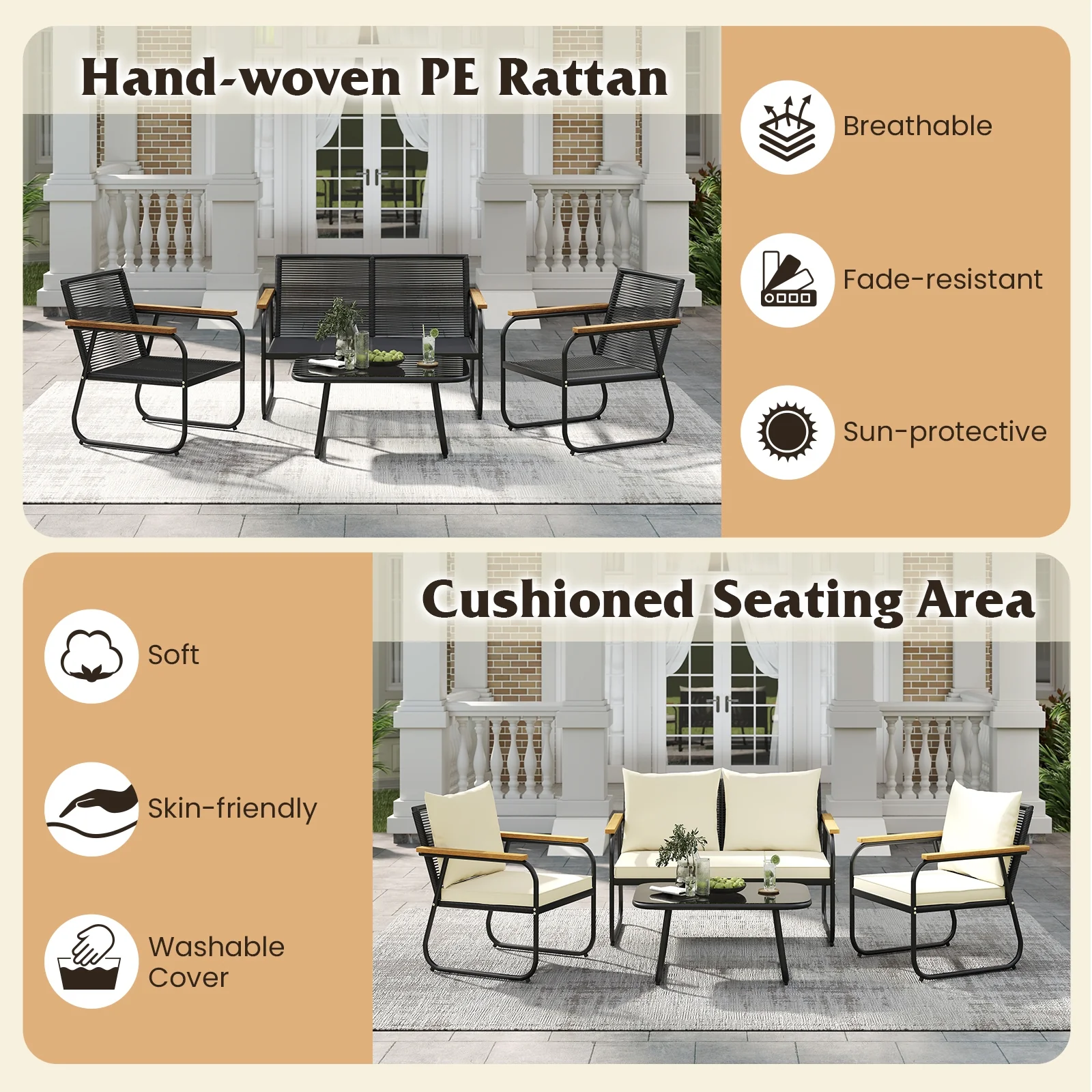 4 Piece Patio Furniture Set, Tempered Glass Coffee Table, Off White - Image 9