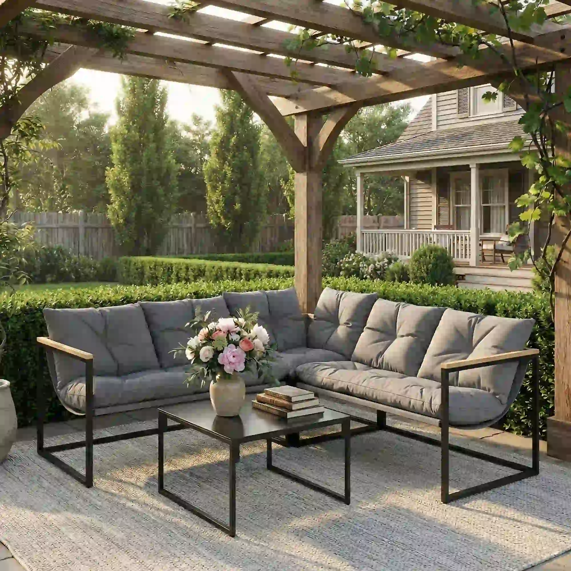 4 Piece Patio Furniture Set With Thick Cushions, Coffee Table, Grey - Image 2