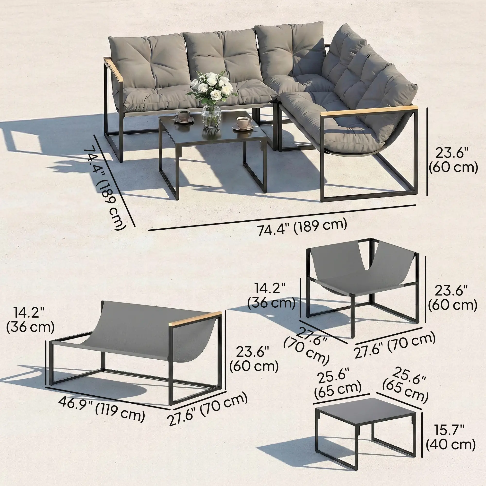 4 Piece Patio Furniture Set With Thick Cushions, Coffee Table, Grey - Image 3