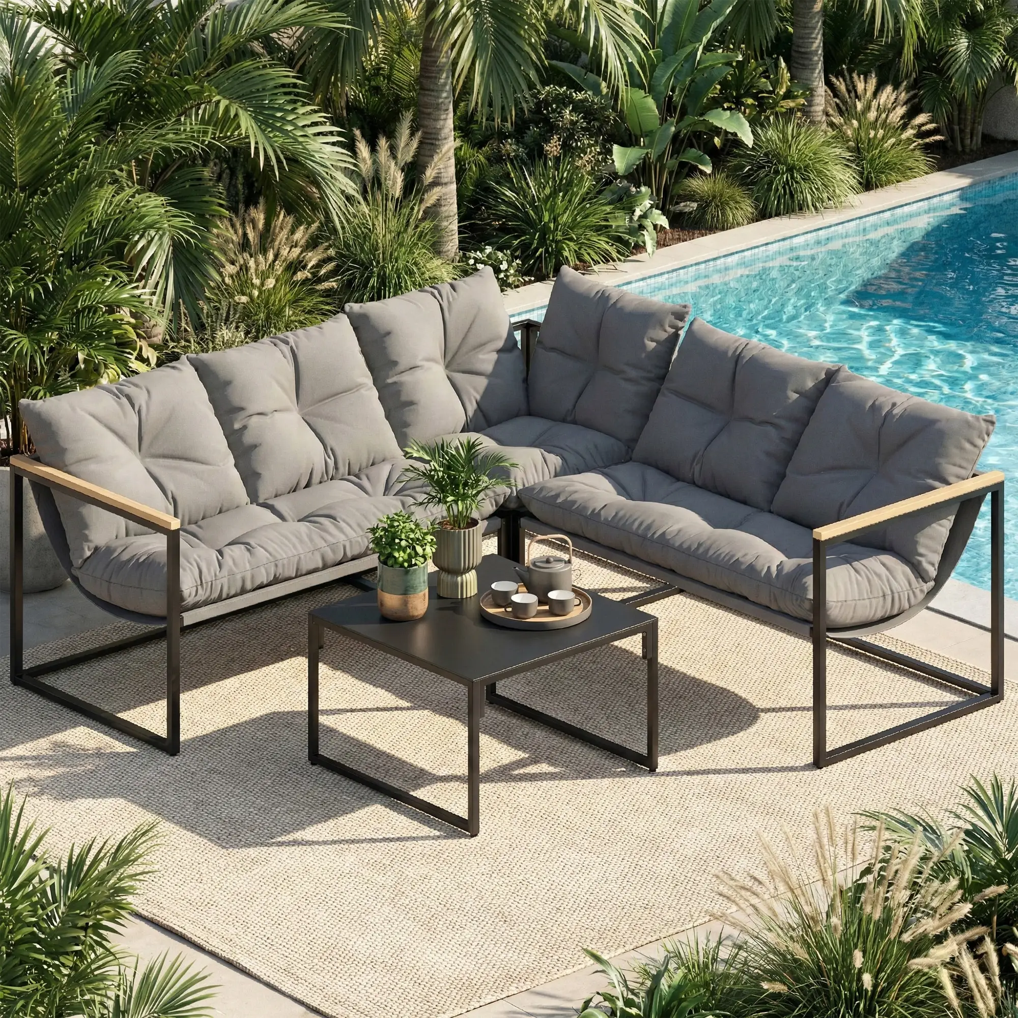 4 Piece Patio Furniture Set With Thick Cushions, Coffee Table, Grey - Image 8