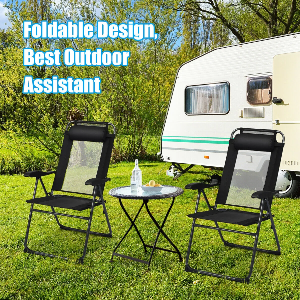 4 Piece Patio Garden Adjustable Reclining Folding Chairs, Black - Image 3