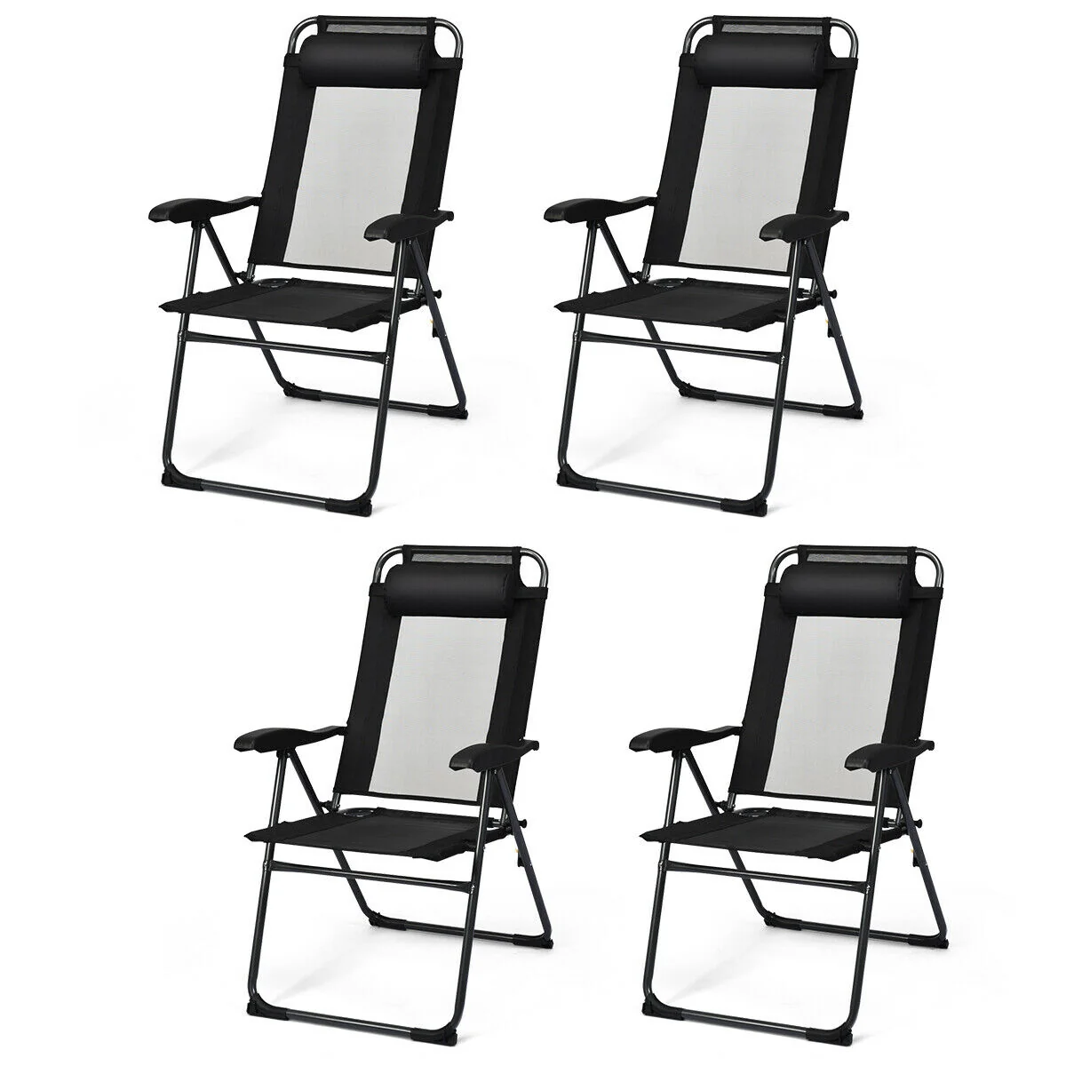 4 Piece Patio Garden Adjustable Reclining Folding Chairs, Black - Image 4