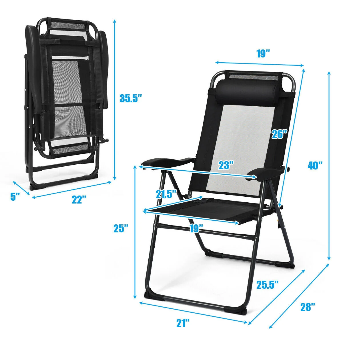 4 Piece Patio Garden Adjustable Reclining Folding Chairs, Black - Image 7