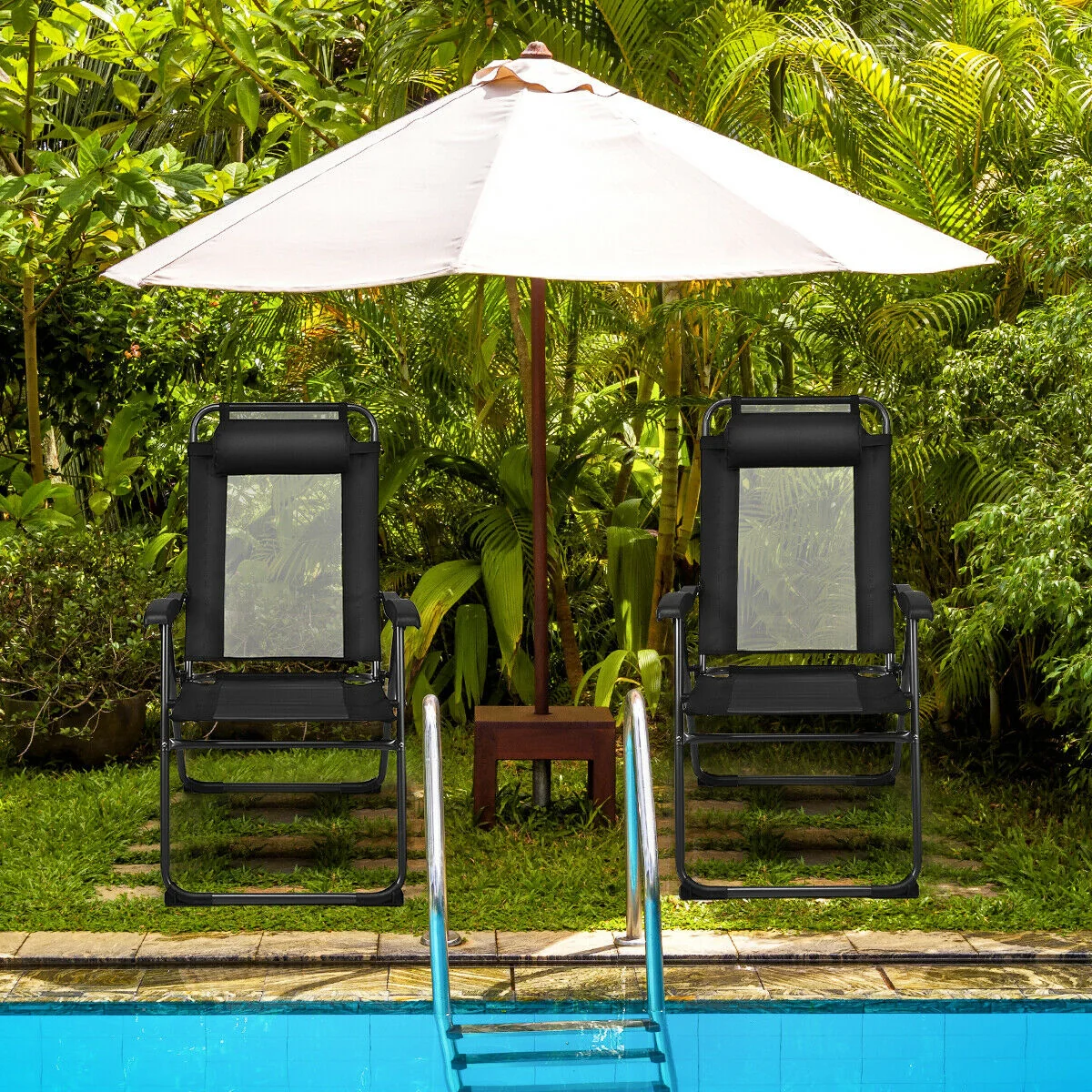 4 Piece Patio Garden Adjustable Reclining Folding Chairs, Black - Image 9