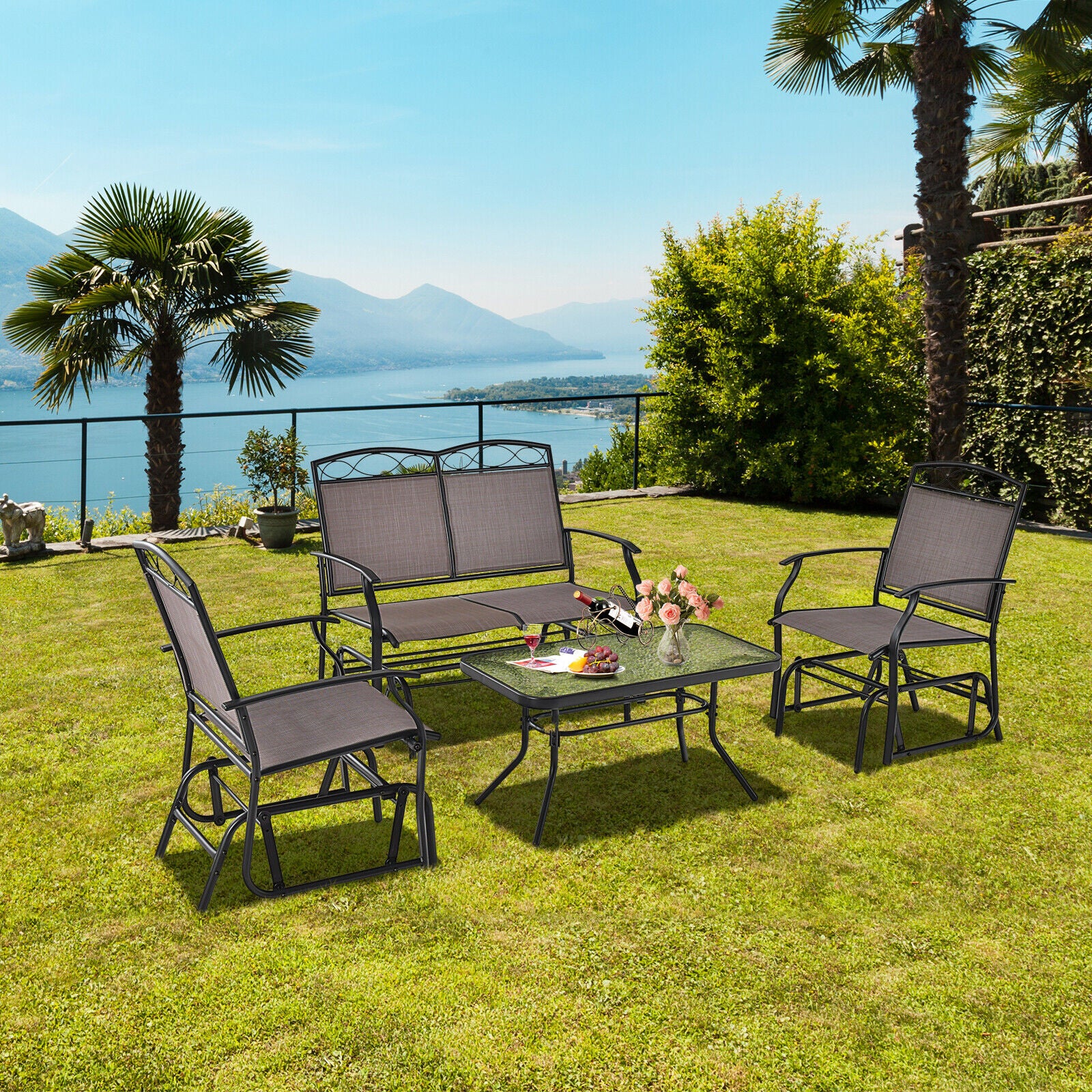 4 Piece Patio Glider Set, Tempered Glass Table Top, Brown - Image 2