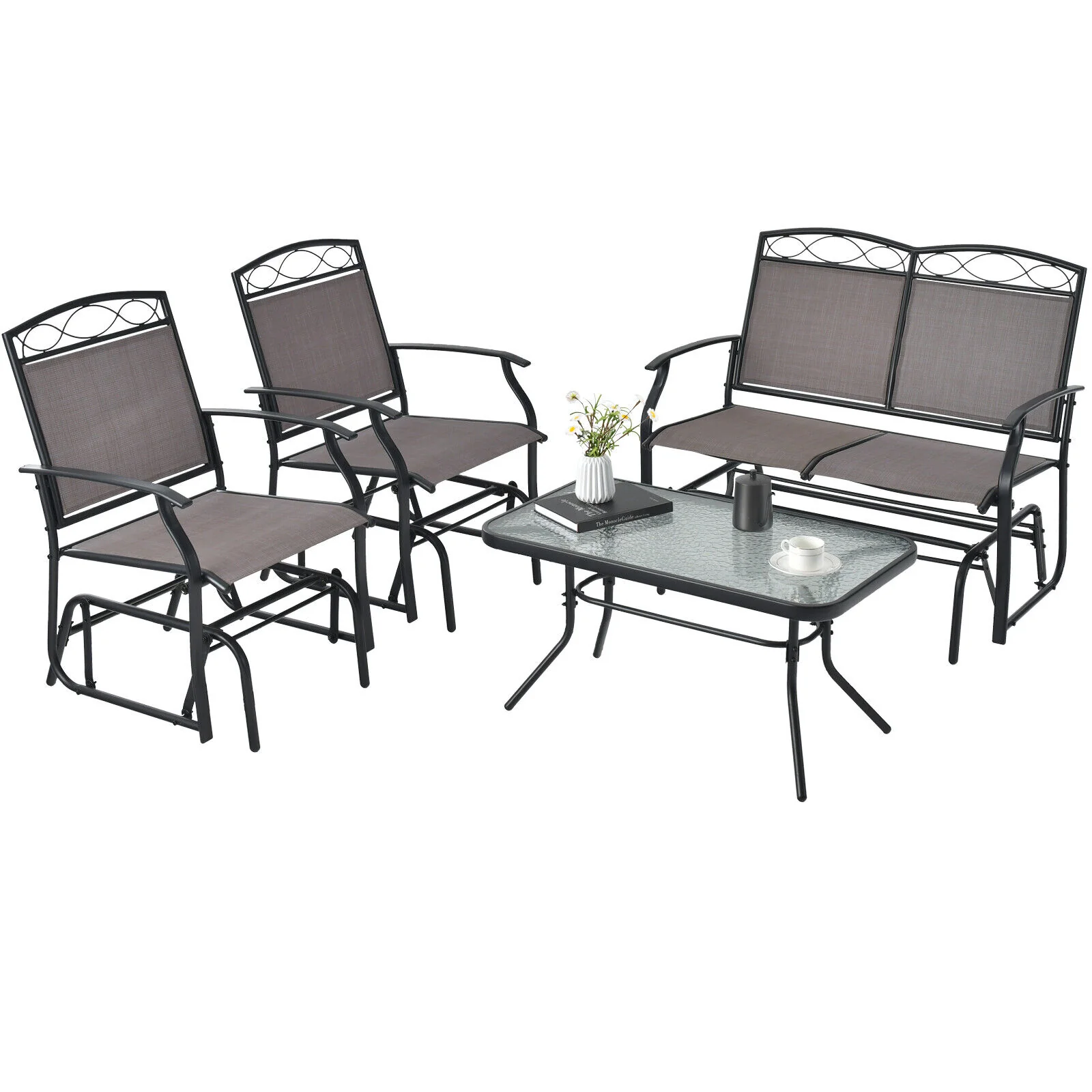 4 Piece Patio Glider Set, Tempered Glass Table Top, Brown - Image 5