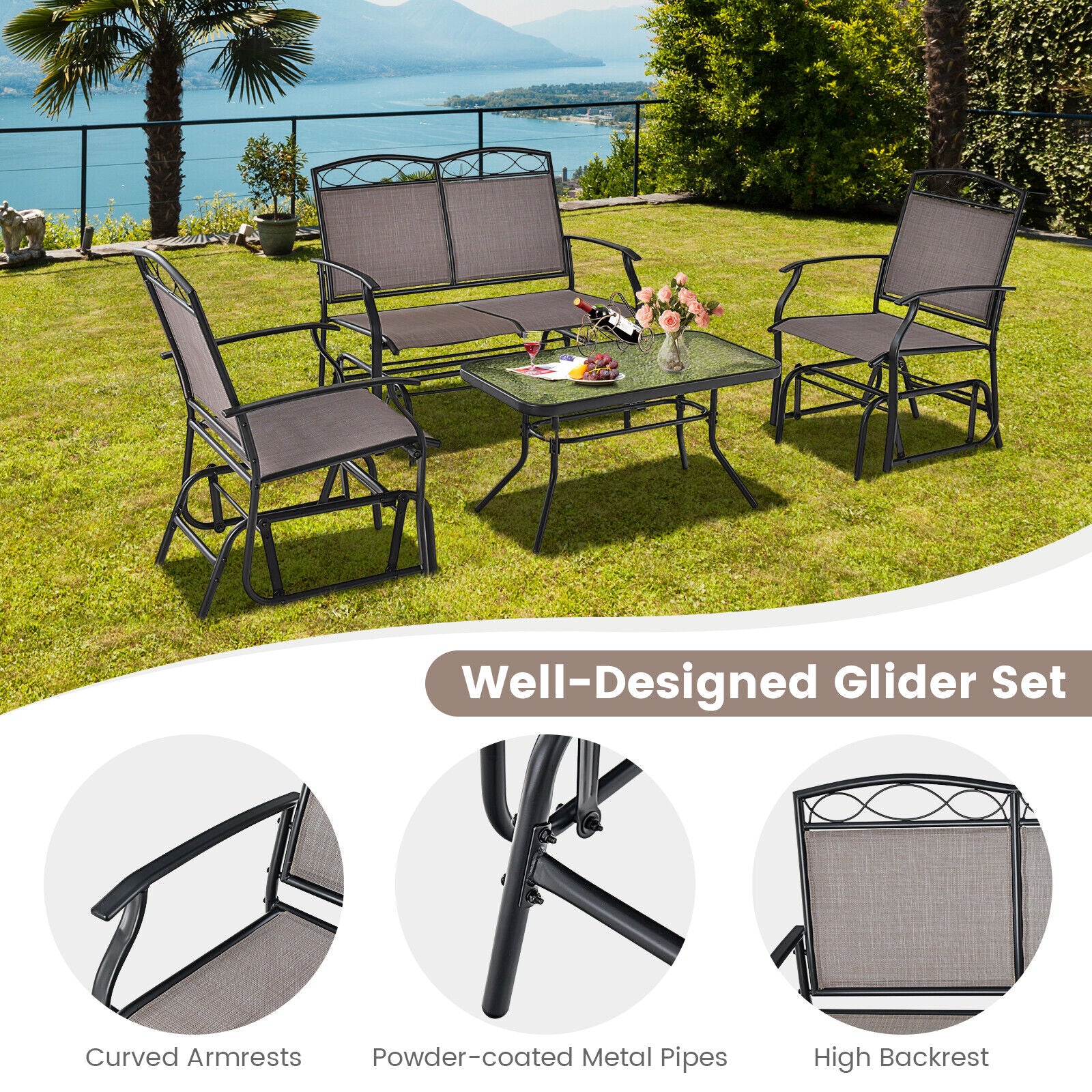 4 Piece Patio Glider Set, Tempered Glass Table Top, Brown - Image 7