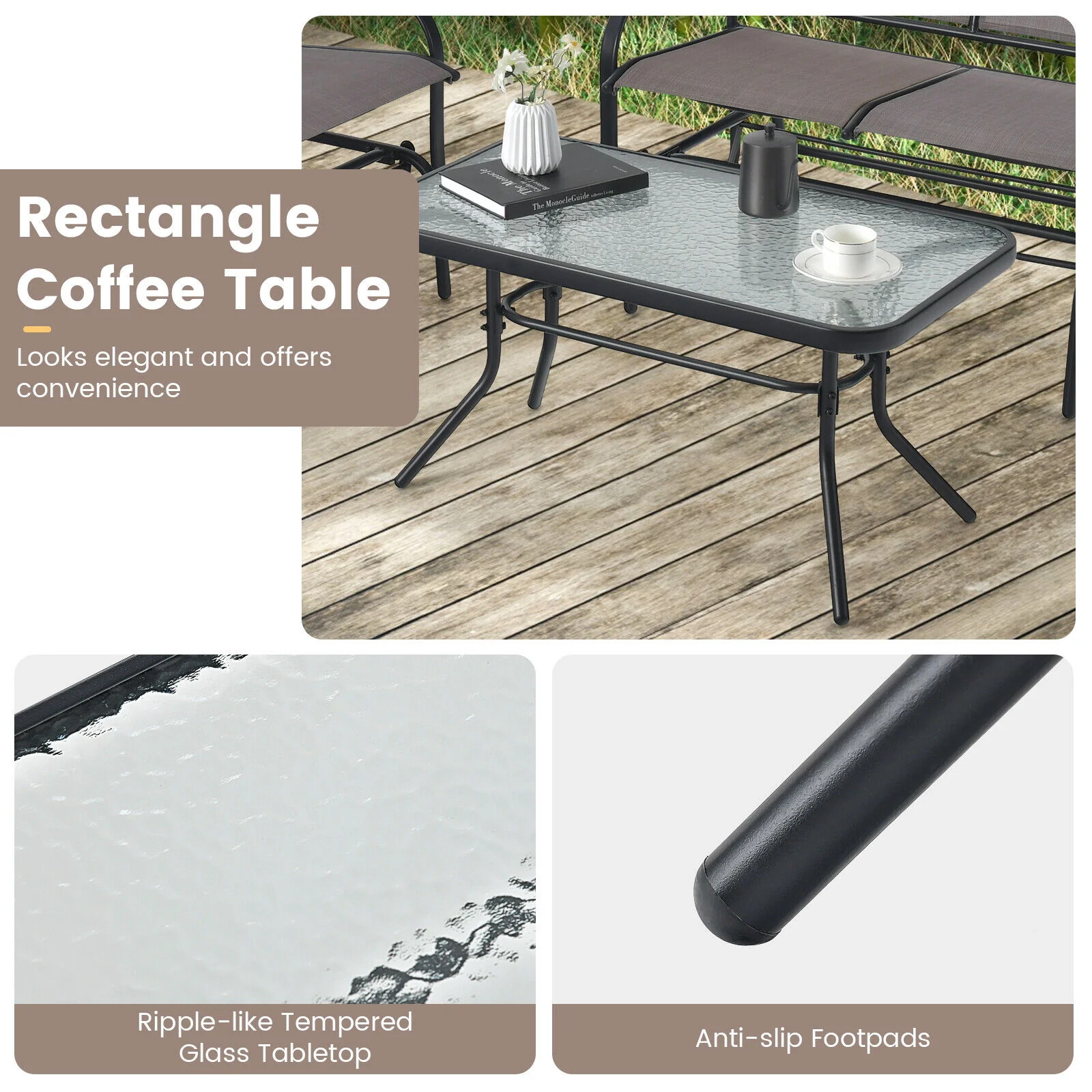 4 Piece Patio Glider Set, Tempered Glass Table Top, Brown - Image 9