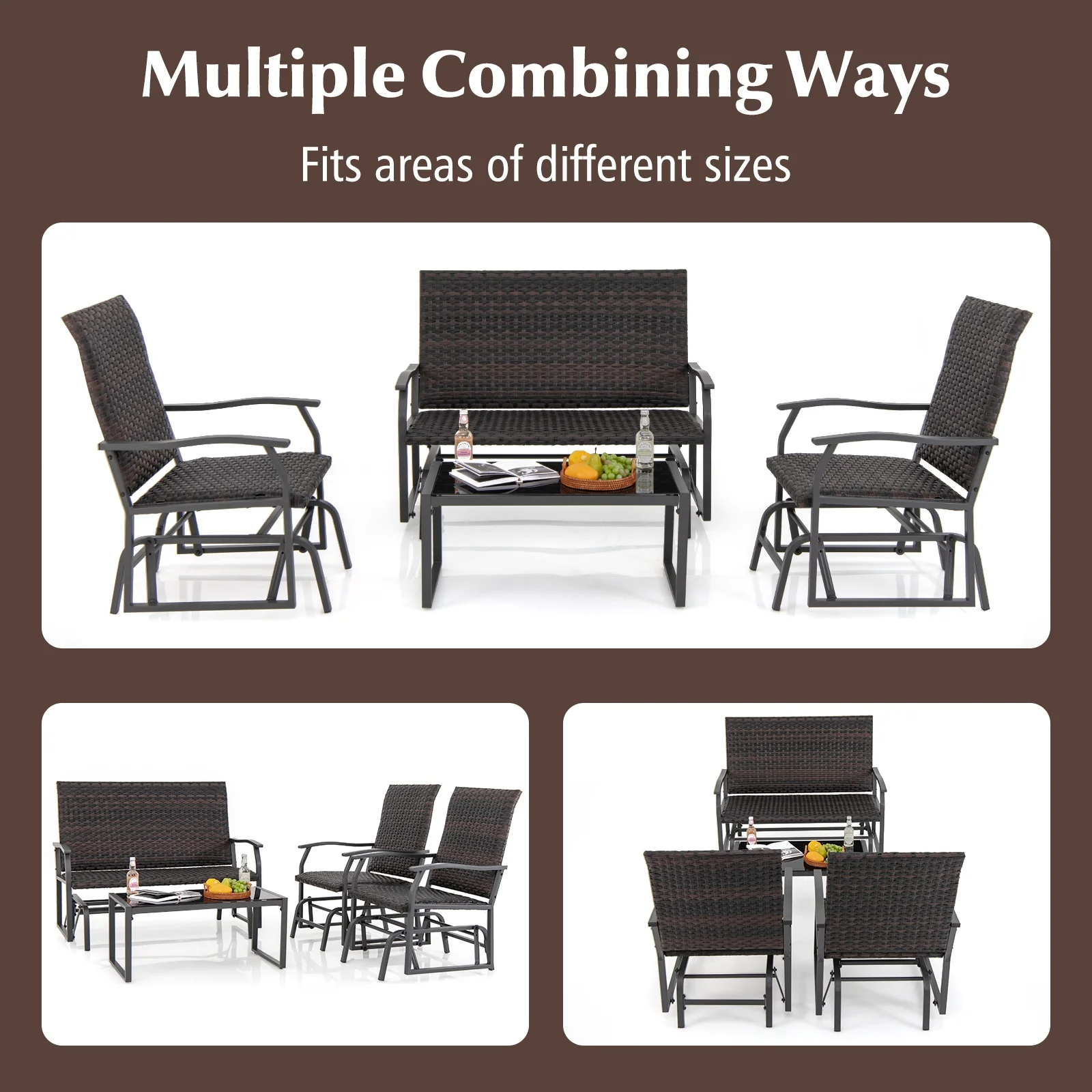4 Piece Patio Gliding Set, All Weather, Tempered Glass Table, Brown - Image 10
