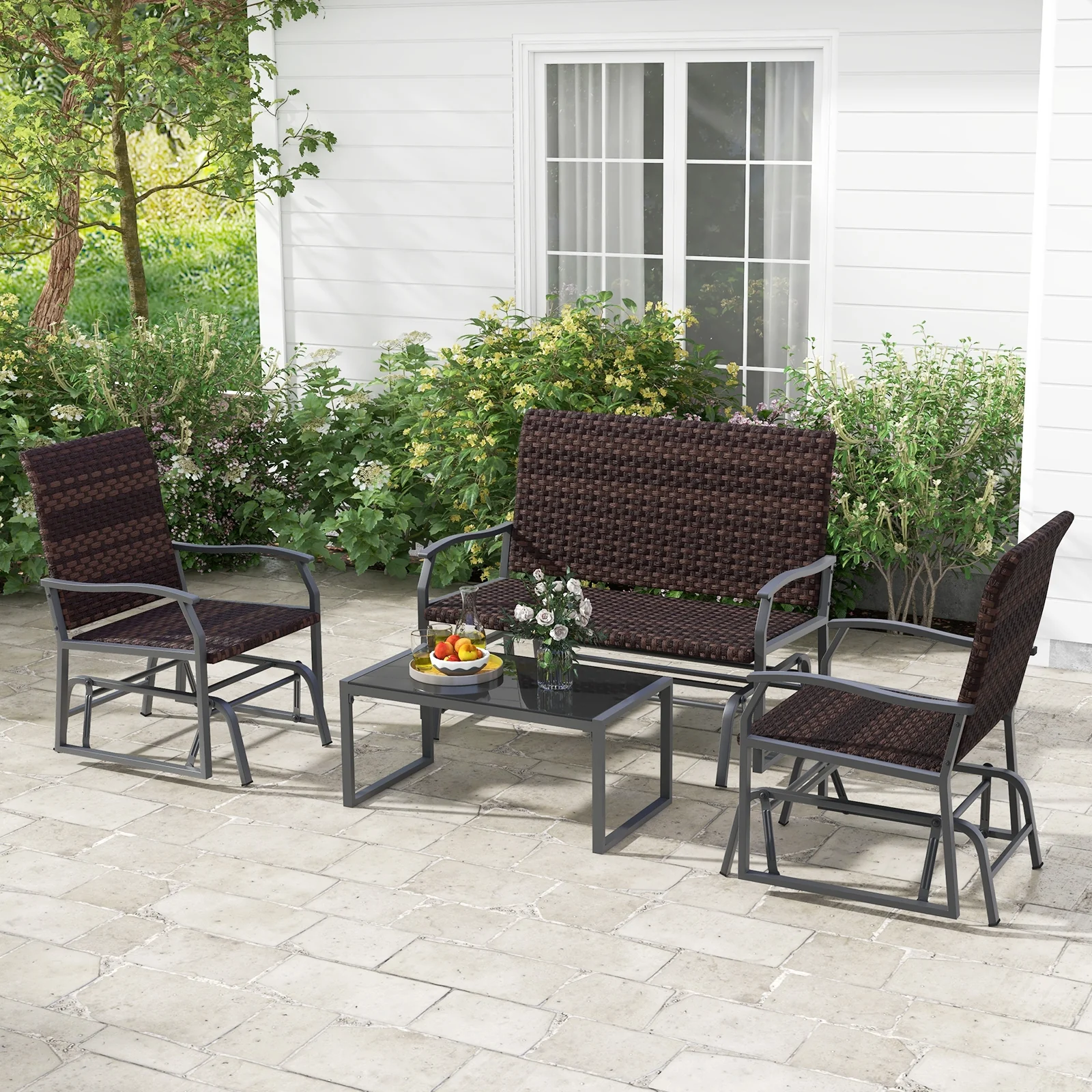 4 Piece Patio Gliding Set, All Weather, Tempered Glass Table, Brown - Image 2