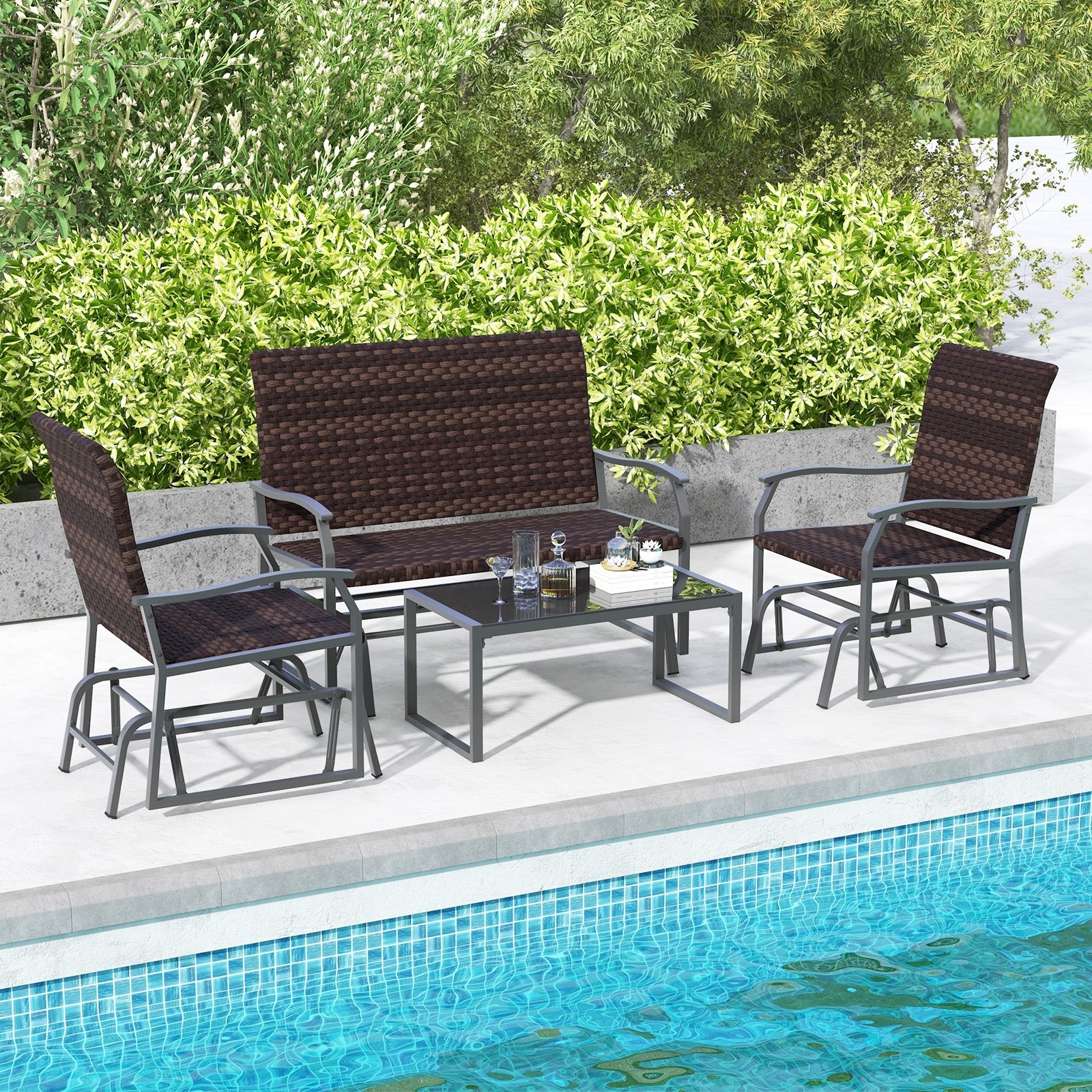 4 Piece Patio Gliding Set, All Weather, Tempered Glass Table, Brown - Image 3