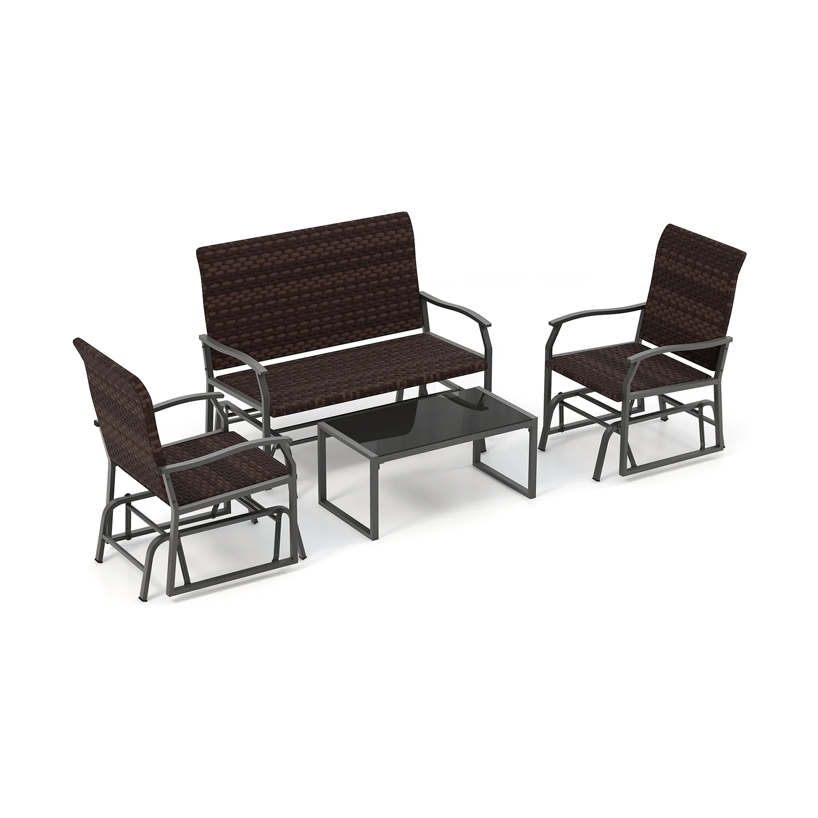 4 Piece Patio Gliding Set, All Weather, Tempered Glass Table, Brown - Image 4