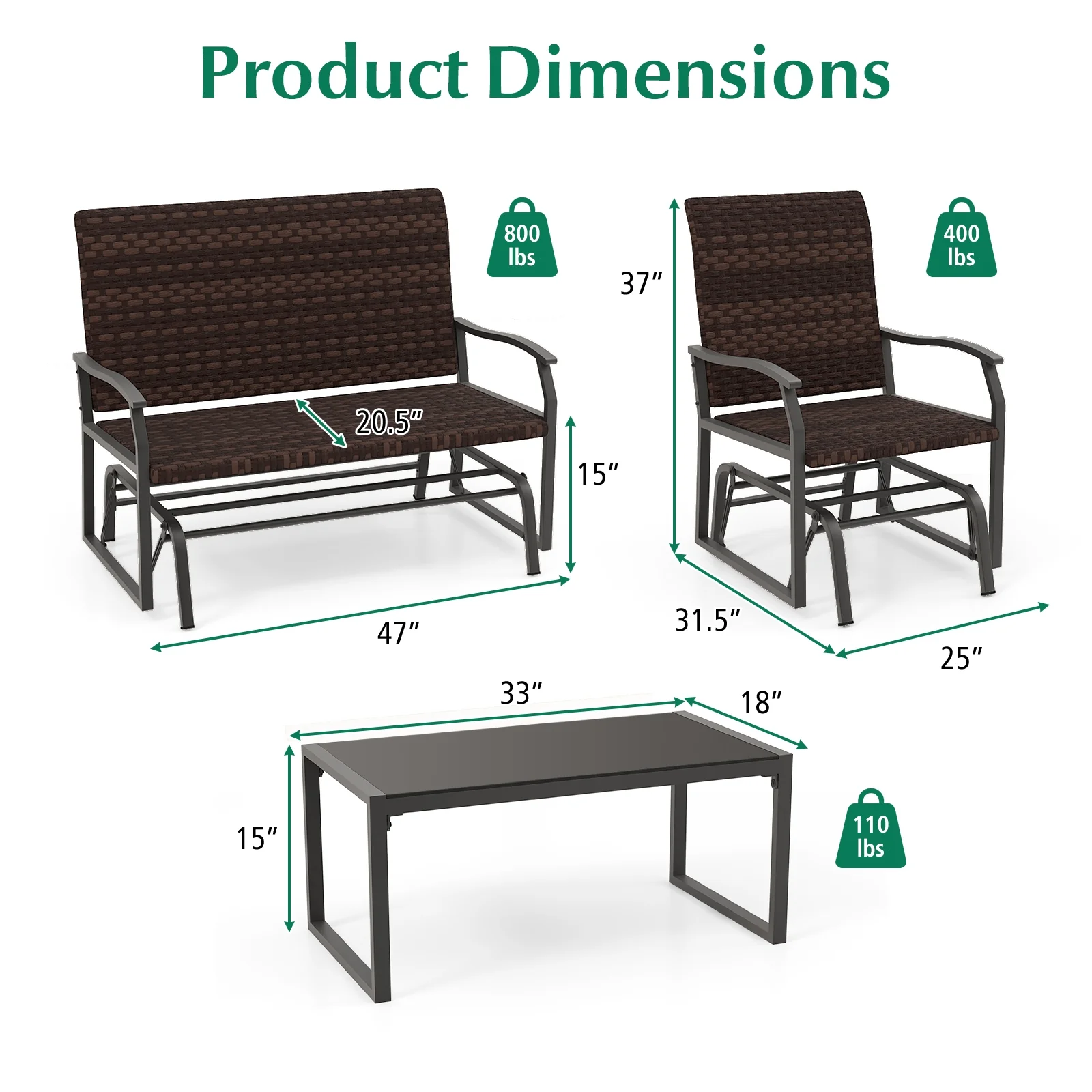 4 Piece Patio Gliding Set, All Weather, Tempered Glass Table, Brown - Image 6