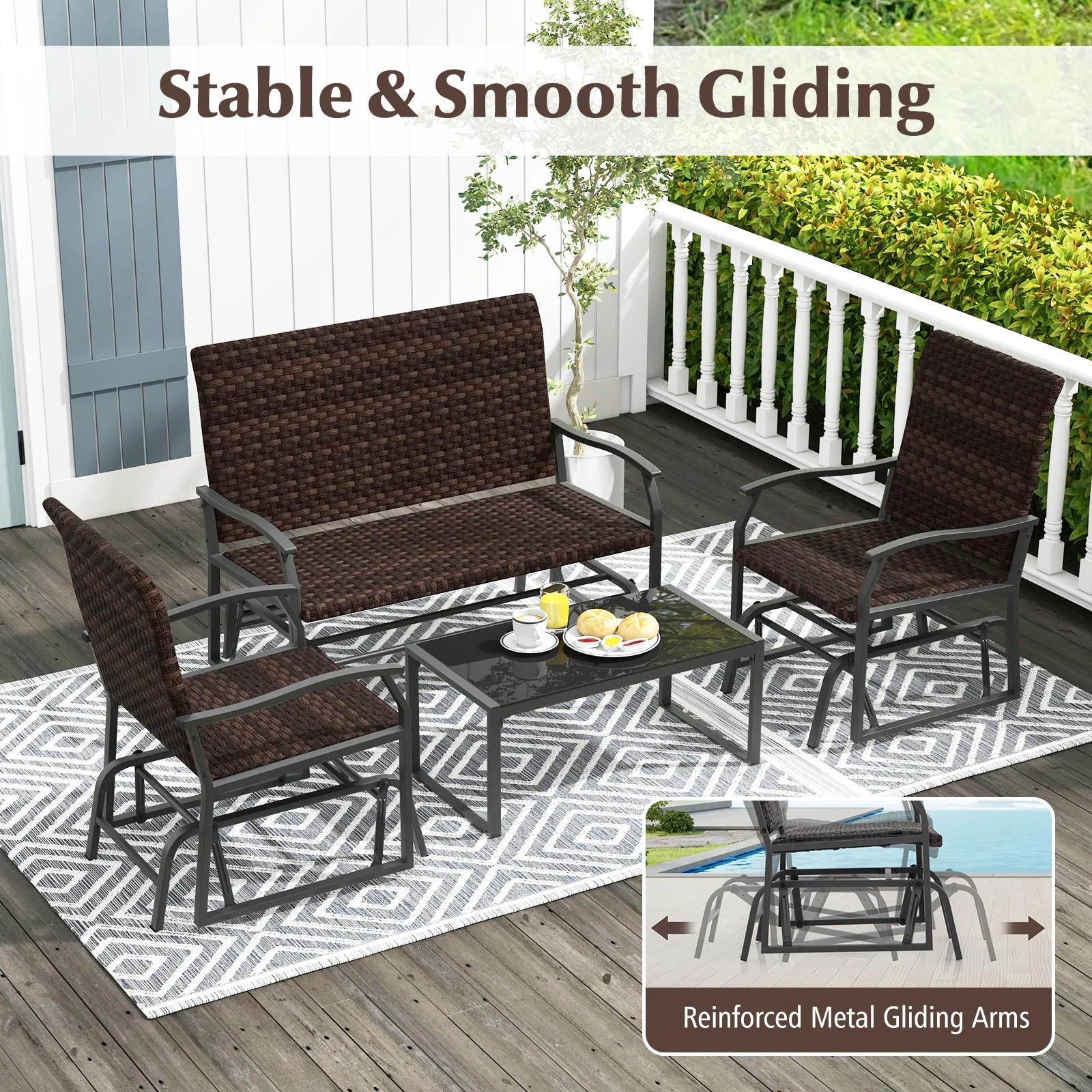 4 Piece Patio Gliding Set, All Weather, Tempered Glass Table, Brown - Image 9