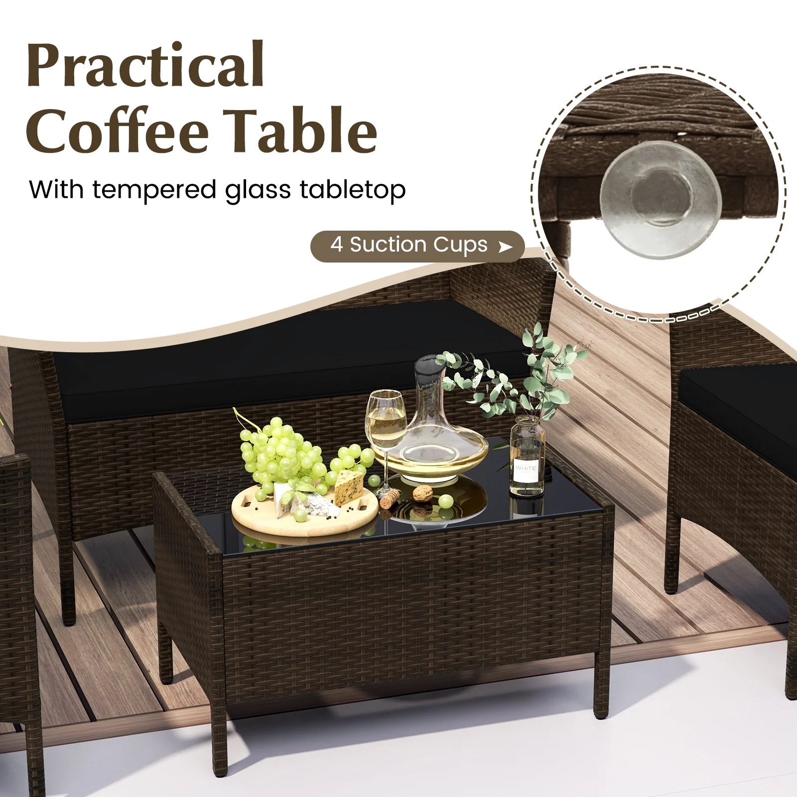 4 Piece Patio Rattan Conversation Set, Black - Image 10
