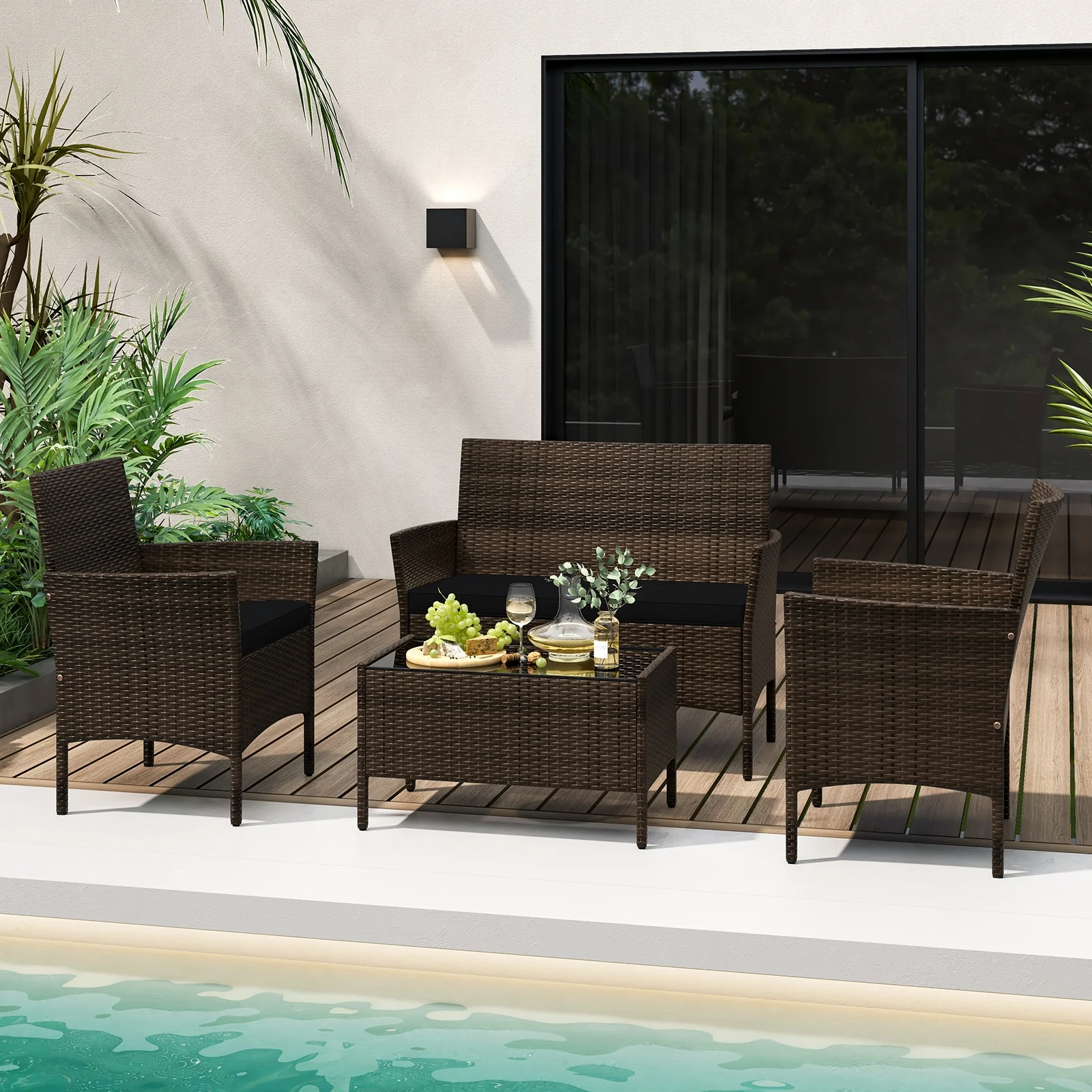 4 Piece Patio Rattan Conversation Set, Black - Image 2