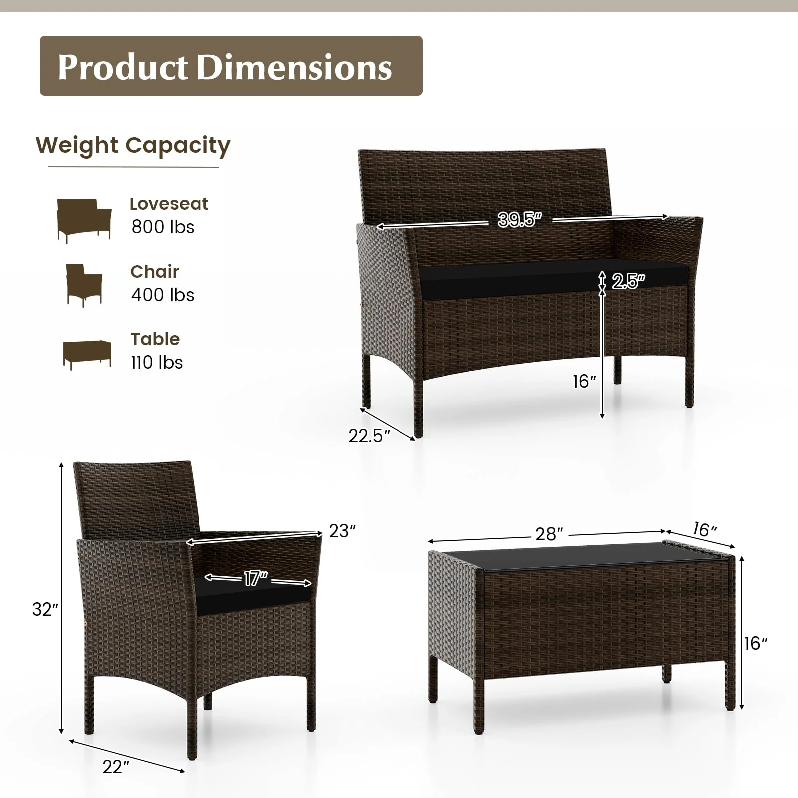 4 Piece Patio Rattan Conversation Set, Black - Image 6
