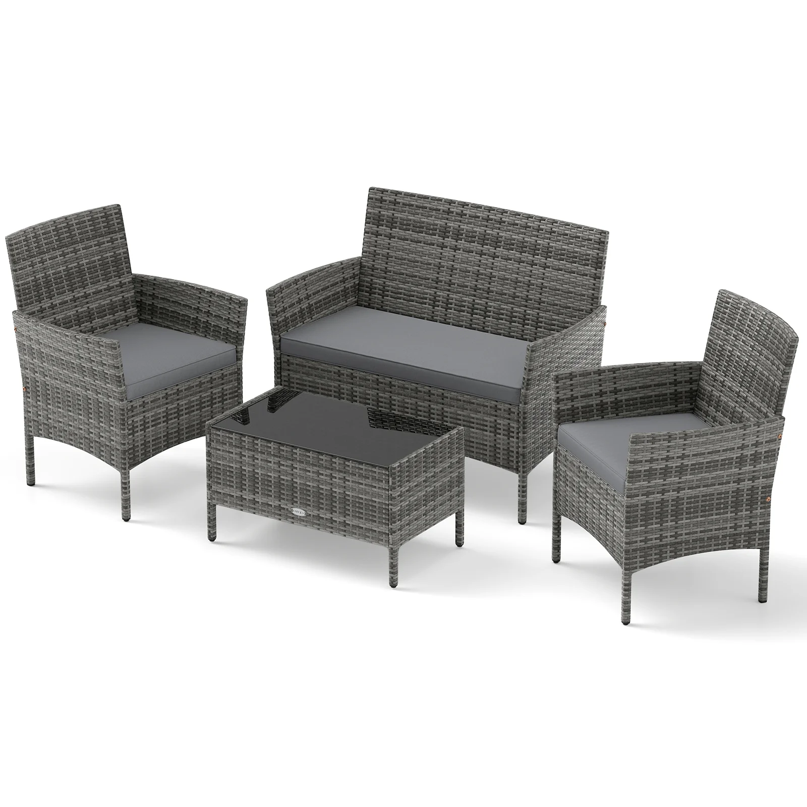 4 Piece Patio Rattan Conversation Set, Tempered Glass Coffee Table, Gray