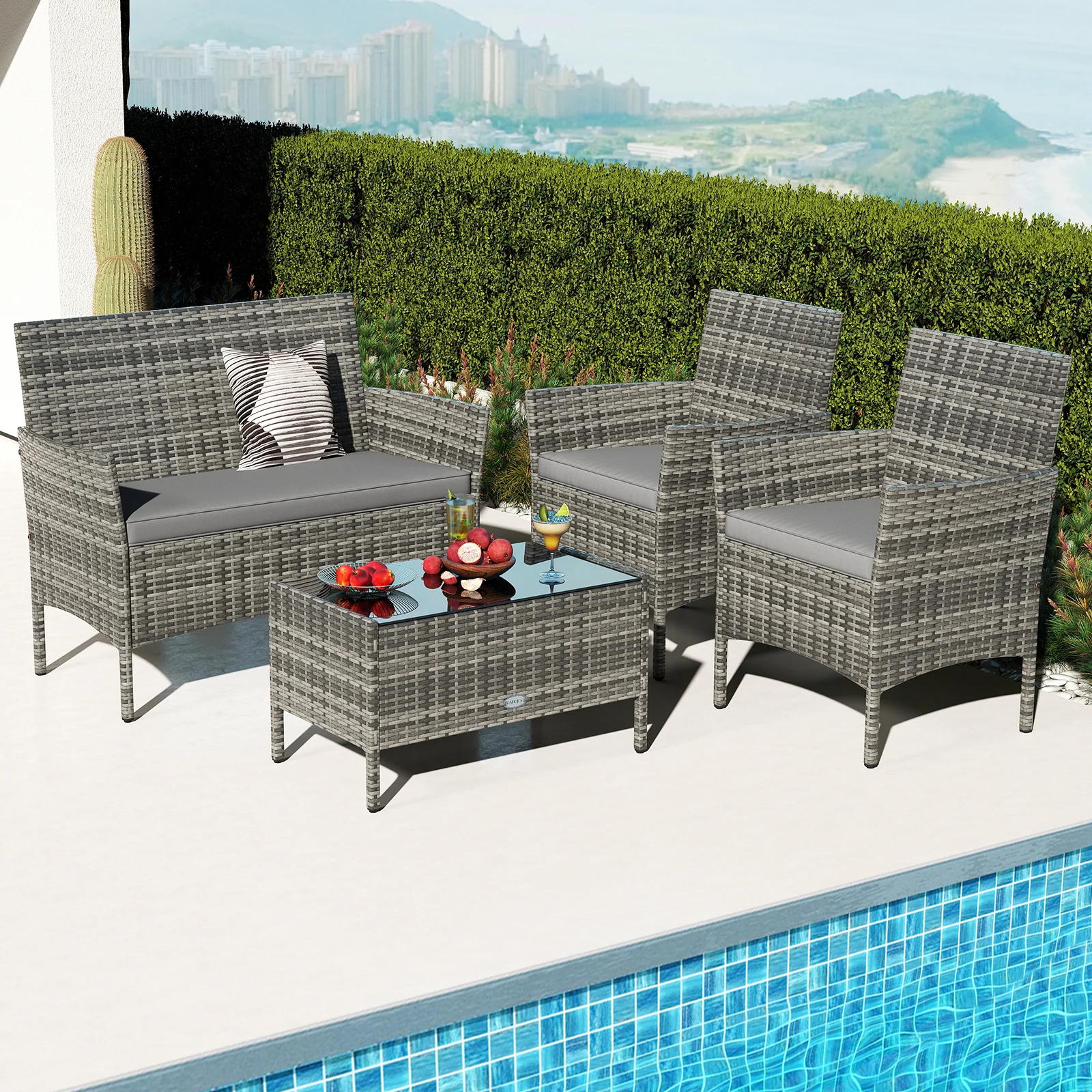 4 Piece Patio Rattan Conversation Set, Tempered Glass Coffee Table, Gray - Image 2