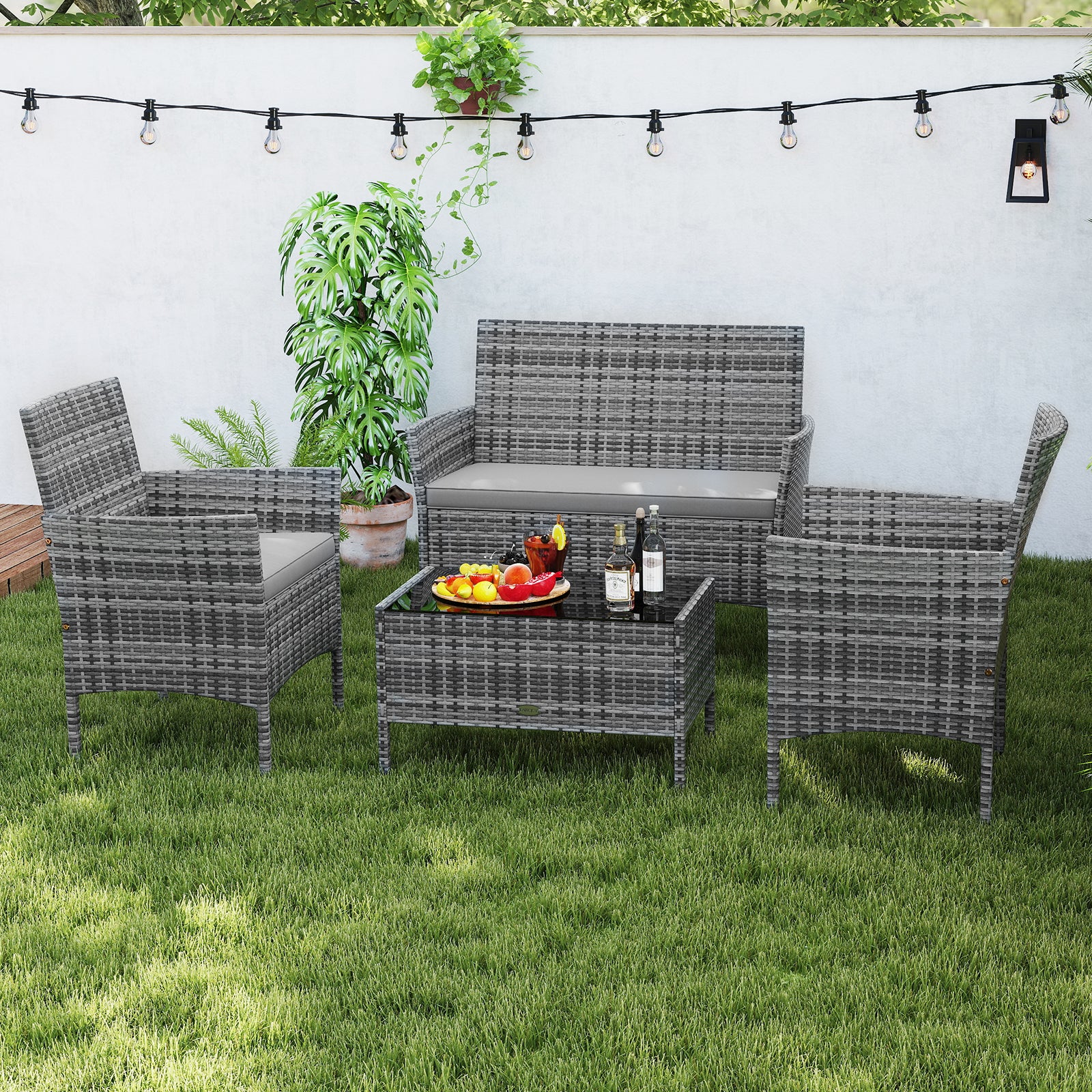 4 Piece Patio Rattan Conversation Set, Tempered Glass Coffee Table, Gray - Image 3