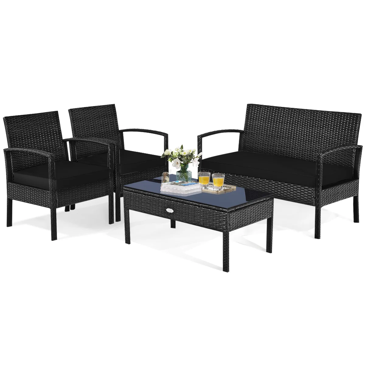 4 Piece Patio Rattan Cushioned Furniture Set, Black