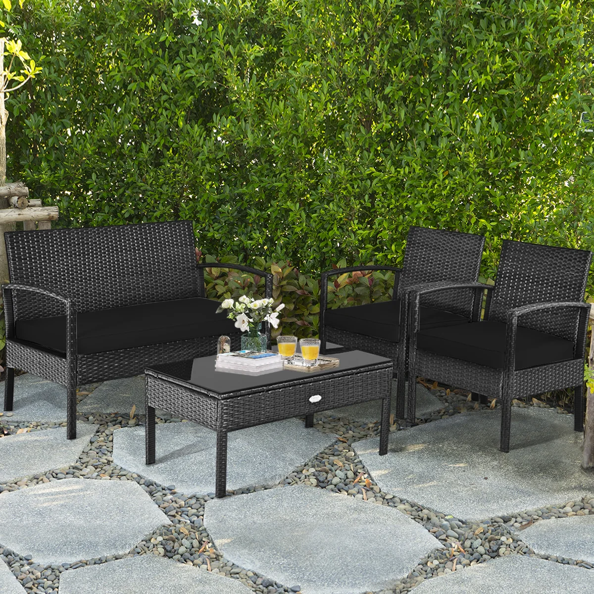 4 Piece Patio Rattan Cushioned Furniture Set, Black - Image 2
