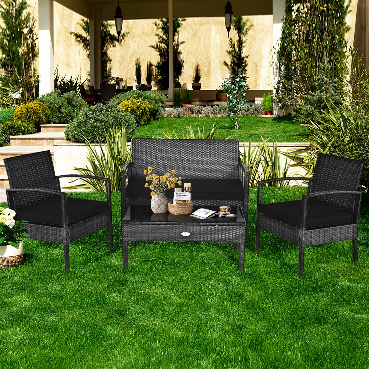 4 Piece Patio Rattan Cushioned Furniture Set, Black - Image 3