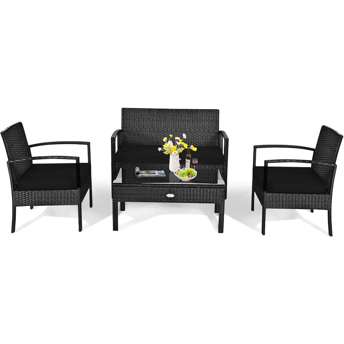 4 Piece Patio Rattan Cushioned Furniture Set, Black - Image 5