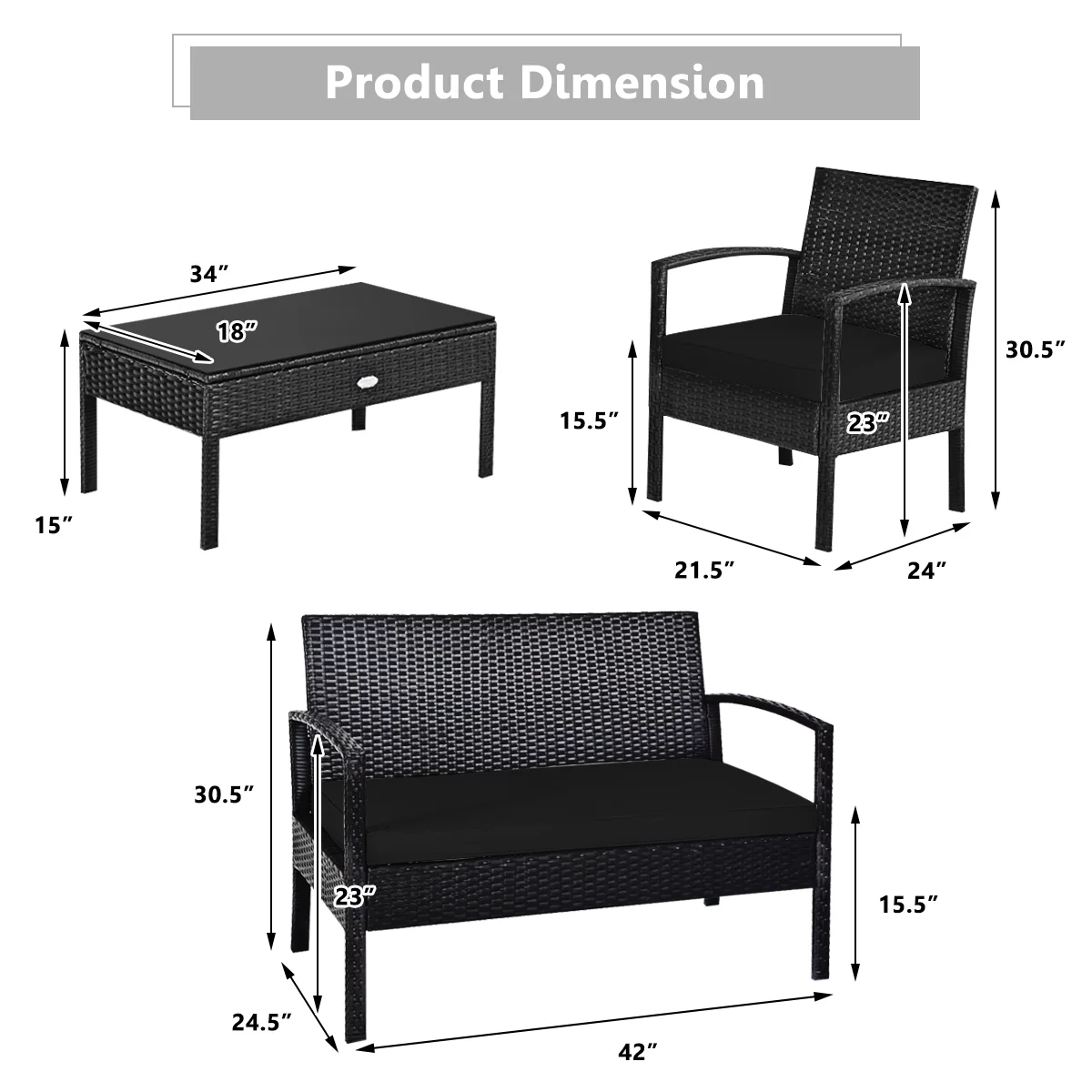 4 Piece Patio Rattan Cushioned Furniture Set, Black - Image 6