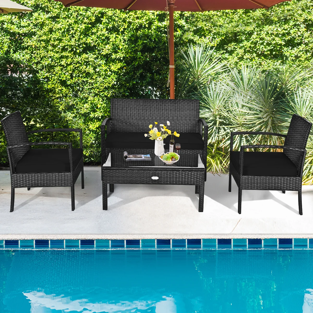 4 Piece Patio Rattan Cushioned Furniture Set, Black - Image 7