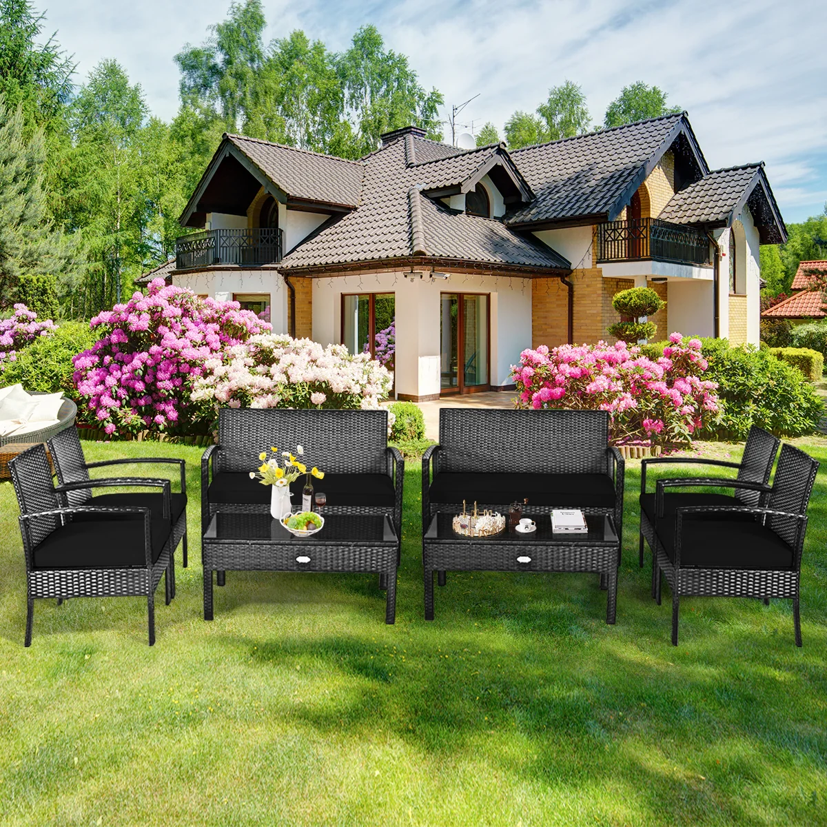 4 Piece Patio Rattan Cushioned Furniture Set, Black - Image 8