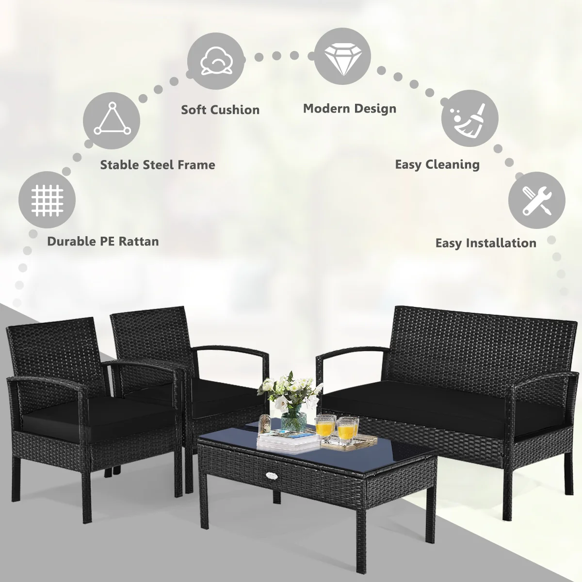 4 Piece Patio Rattan Cushioned Furniture Set, Black - Image 9