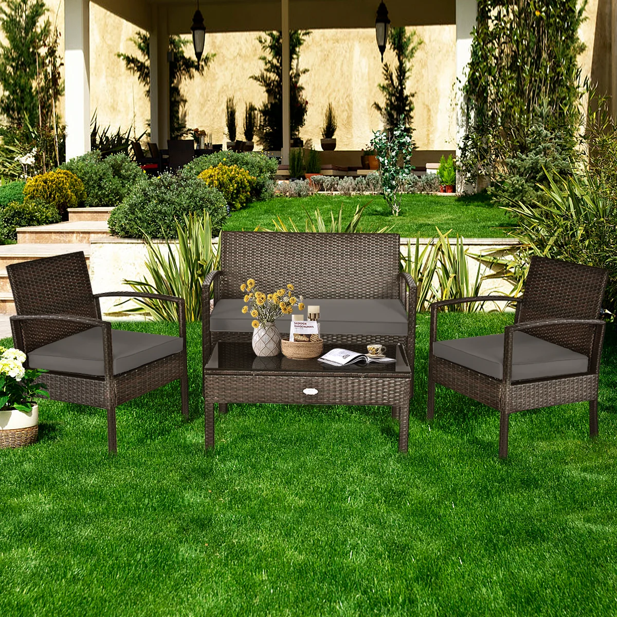 4 Piece Patio Rattan Cushioned Furniture Set, Loveseat and Table, Brown - Image 2