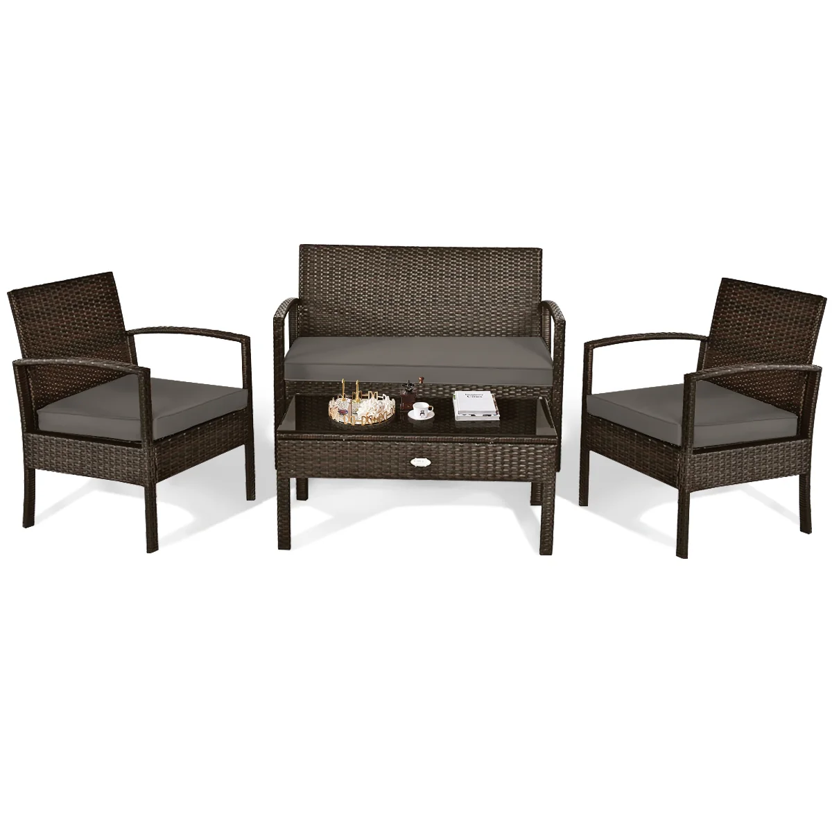 4 Piece Patio Rattan Cushioned Furniture Set, Loveseat and Table, Brown - Image 4