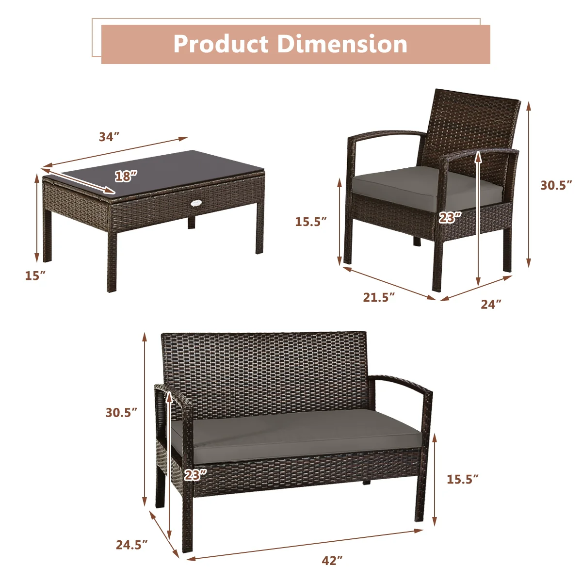 4 Piece Patio Rattan Cushioned Furniture Set, Loveseat and Table, Brown - Image 5