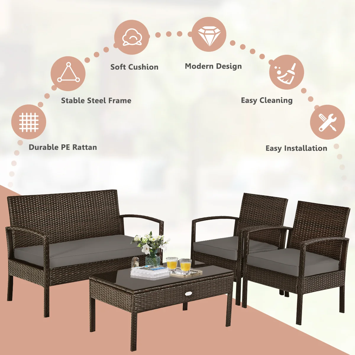 4 Piece Patio Rattan Cushioned Furniture Set, Loveseat and Table, Brown - Image 6