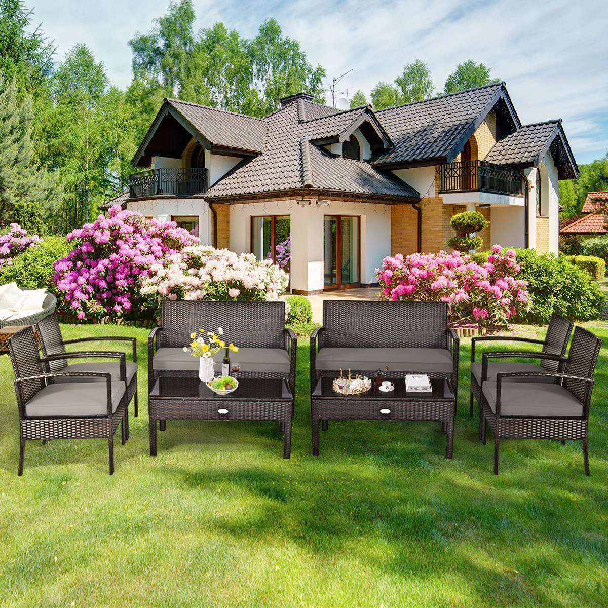 4 Piece Patio Rattan Cushioned Furniture Set, Loveseat and Table, Brown - Image 8