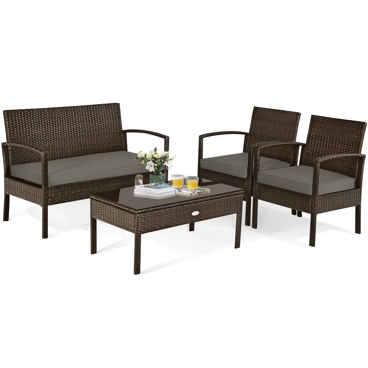 4 Piece Patio Rattan Cushioned Furniture Set, Loveseat and Table, Brown - Image 9