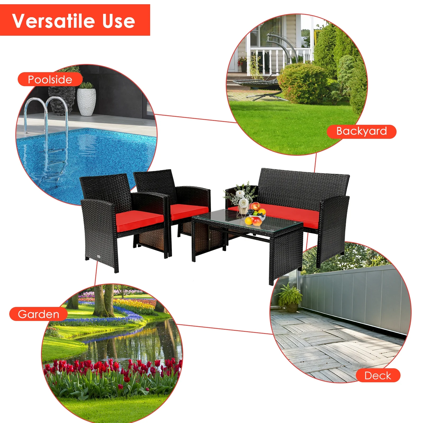 4 Piece Patio Rattan Cushioned Furniture Set, Red - Image 10