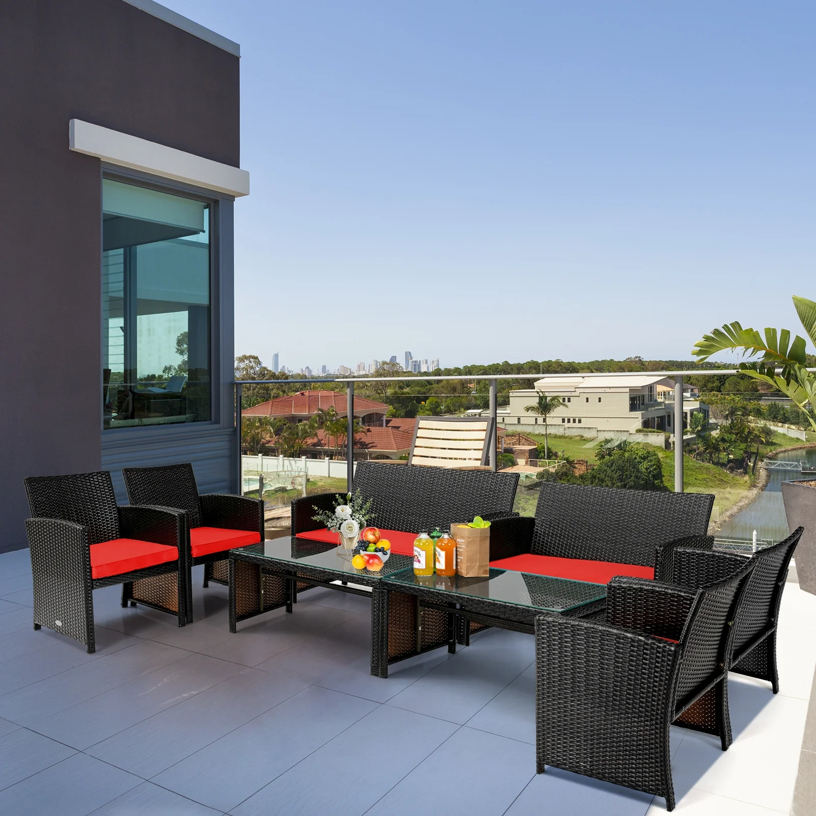 4 Piece Patio Rattan Cushioned Furniture Set, Red - Image 2