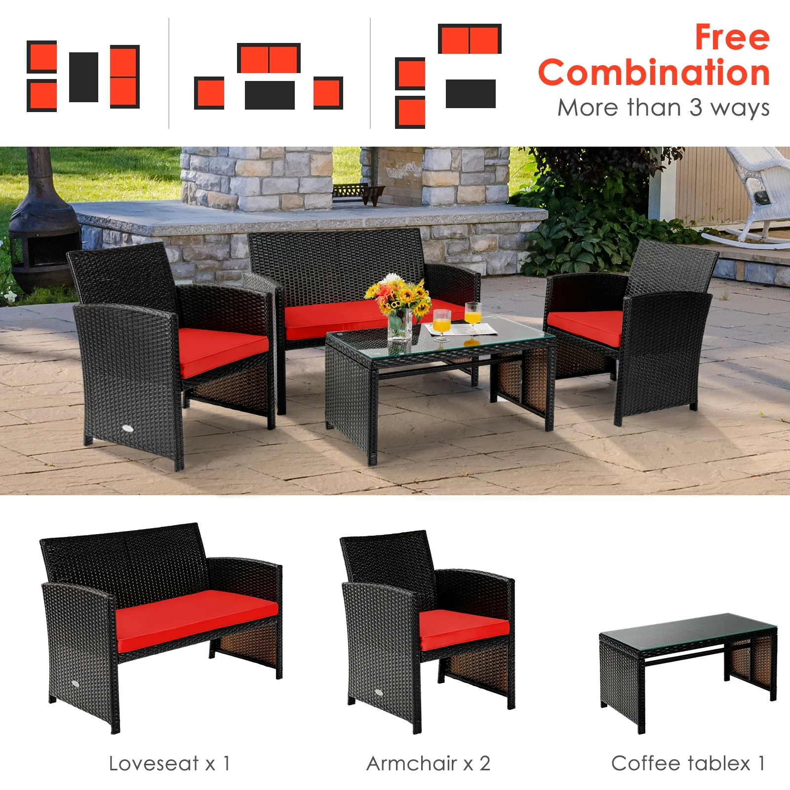 4 Piece Patio Rattan Cushioned Furniture Set, Red - Image 3