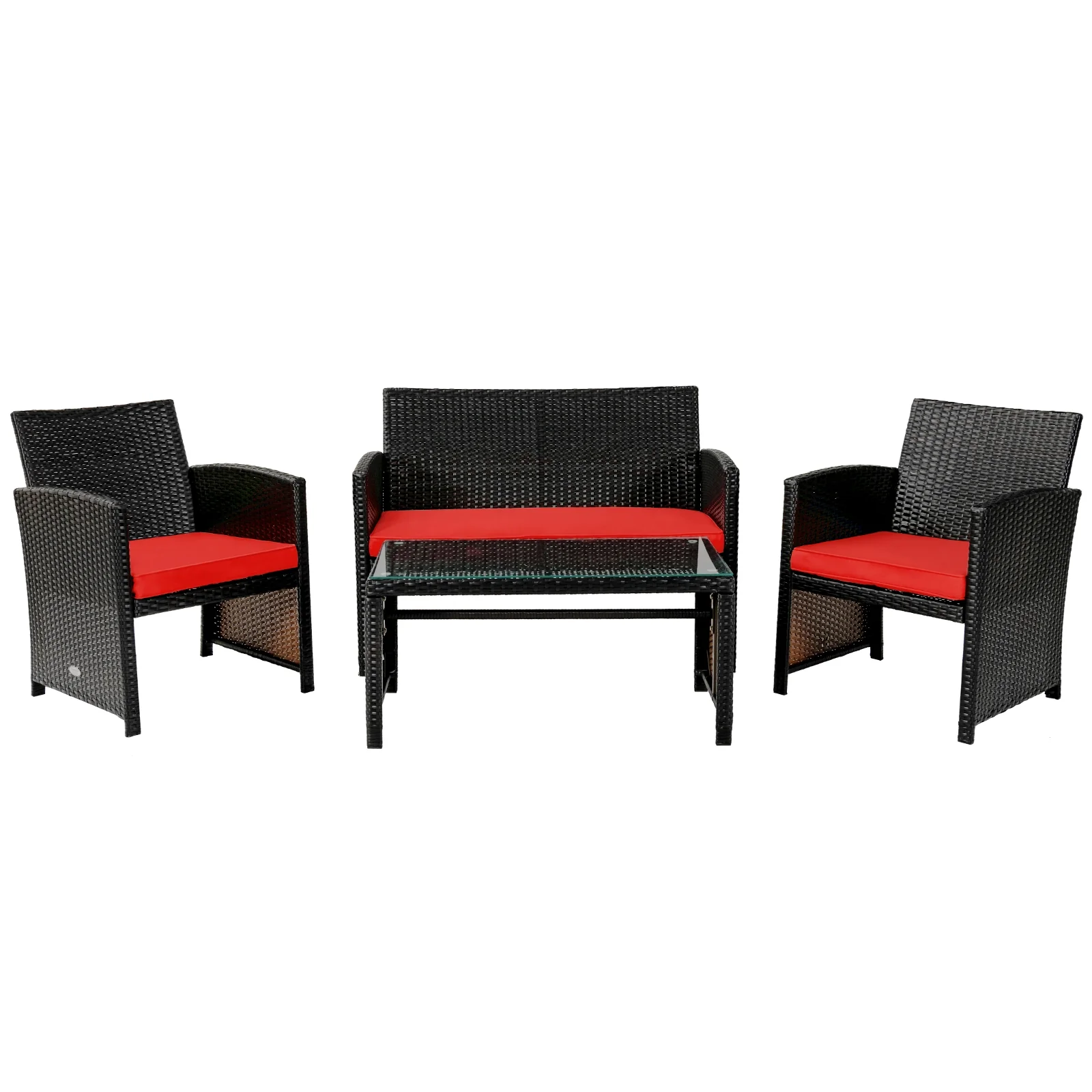 4 Piece Patio Rattan Cushioned Furniture Set, Red - Image 4