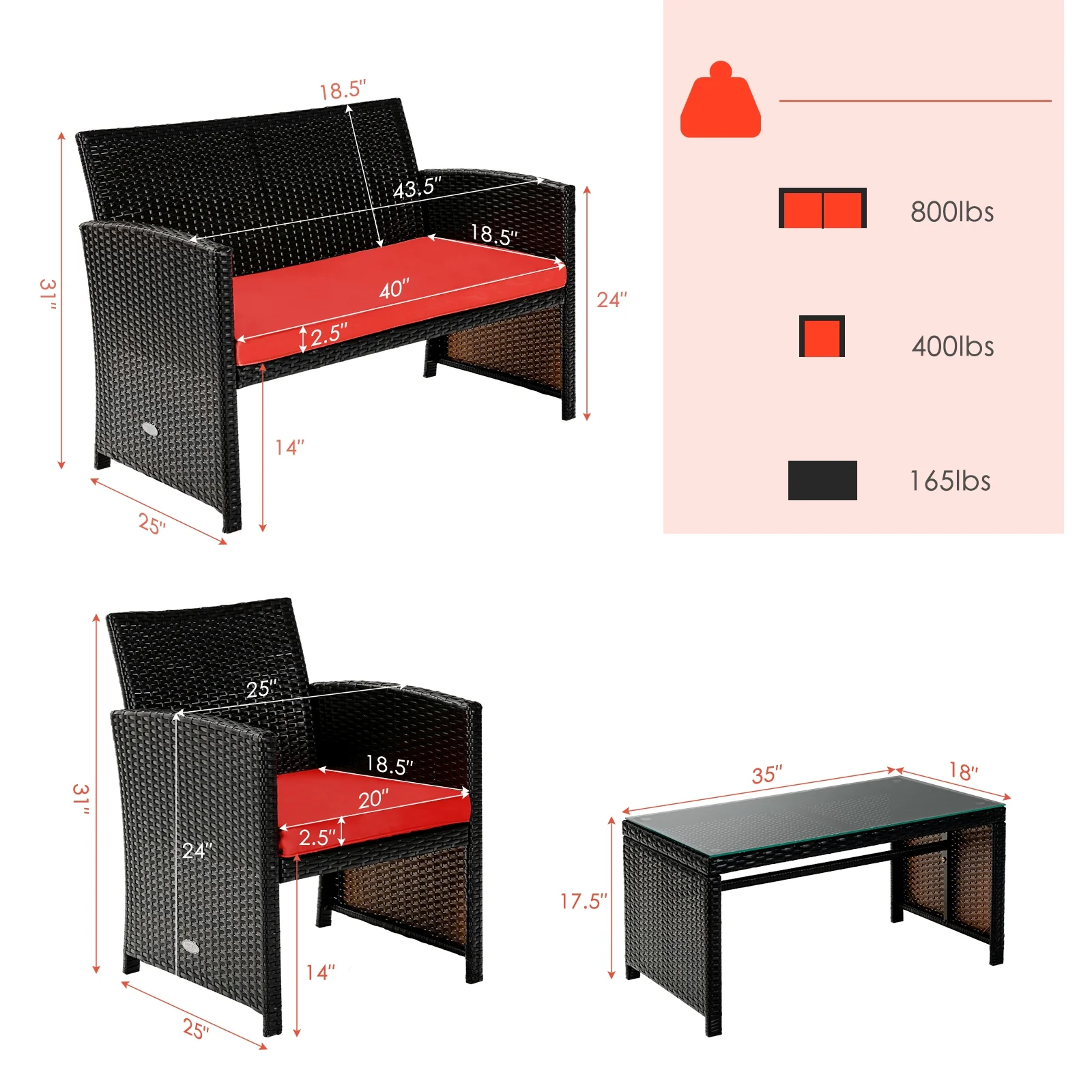 4 Piece Patio Rattan Cushioned Furniture Set, Red - Image 5