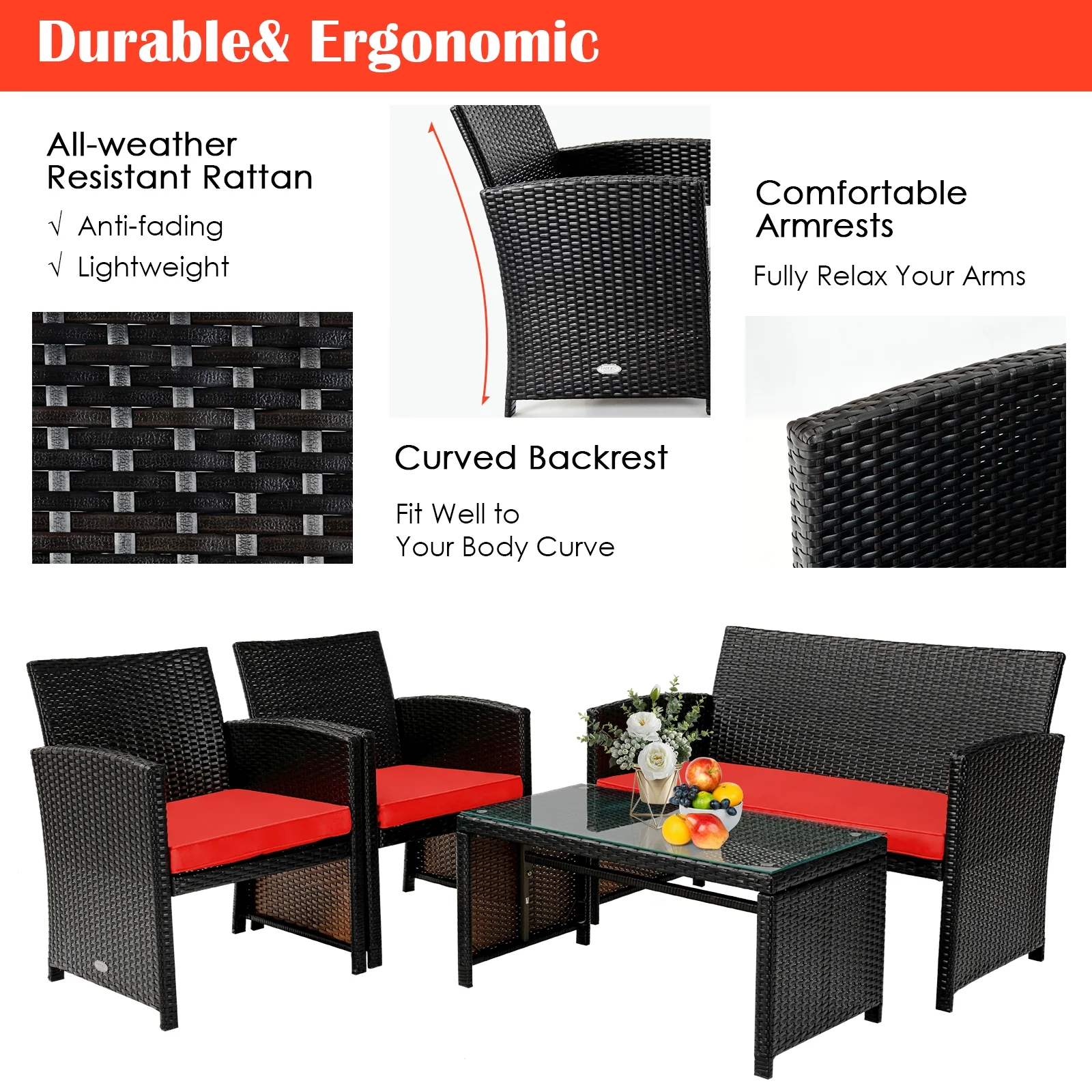 4 Piece Patio Rattan Cushioned Furniture Set, Red - Image 6
