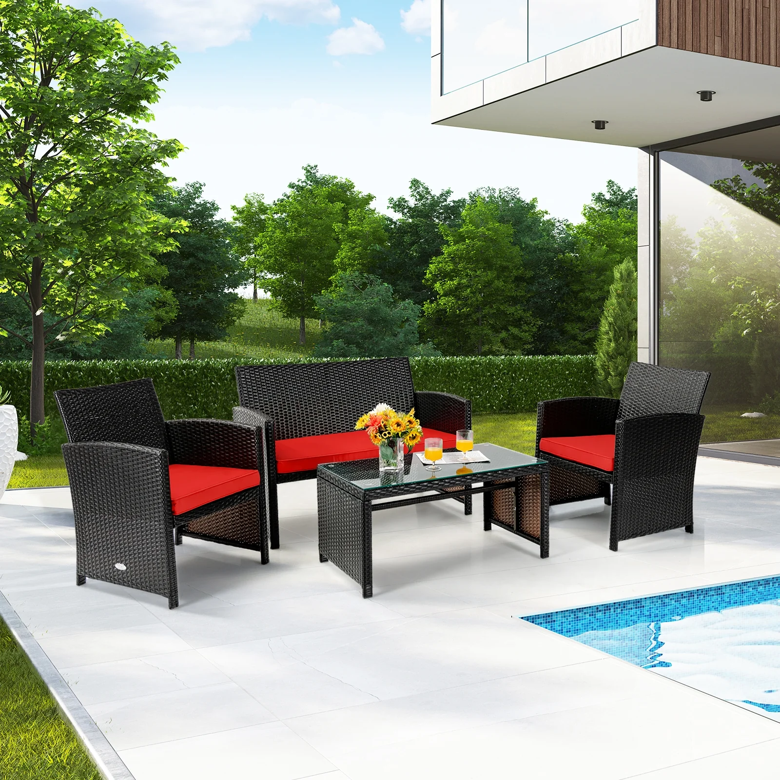 4 Piece Patio Rattan Cushioned Furniture Set, Red - Image 7