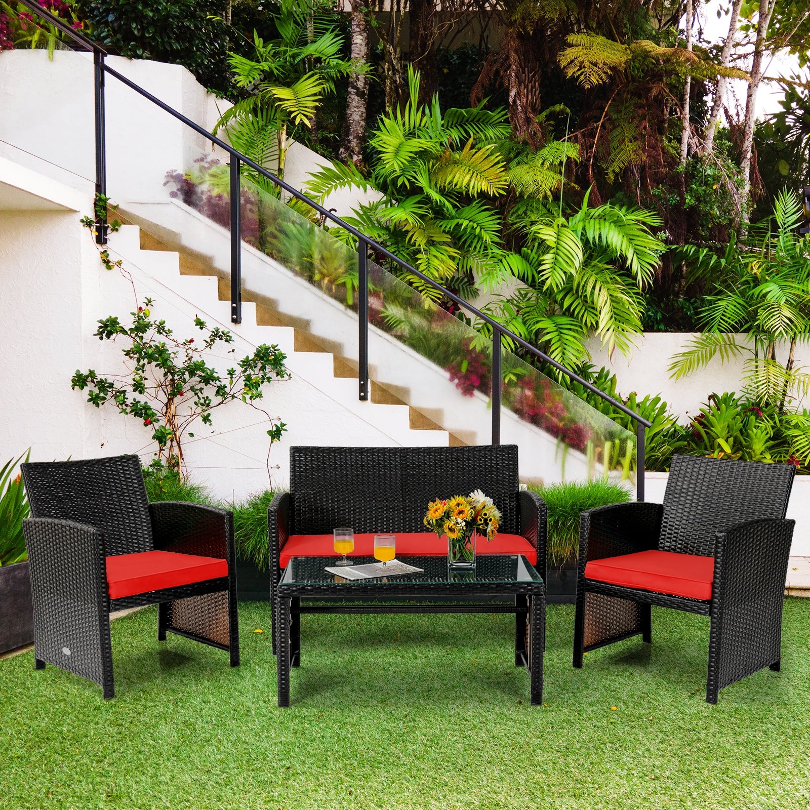 4 Piece Patio Rattan Cushioned Furniture Set, Red - Image 8