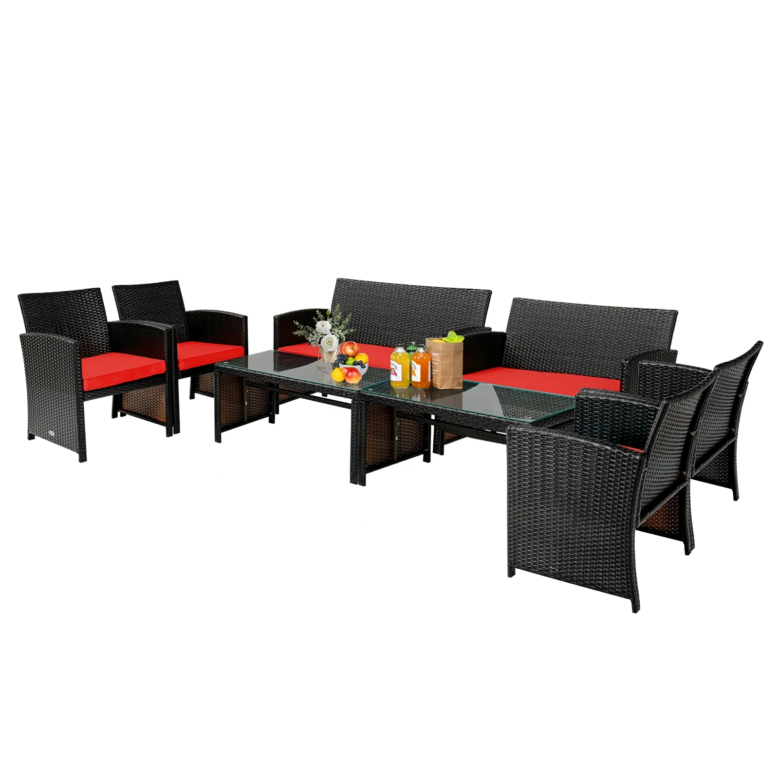 4 Piece Patio Rattan Cushioned Furniture Set, Red - Image 9
