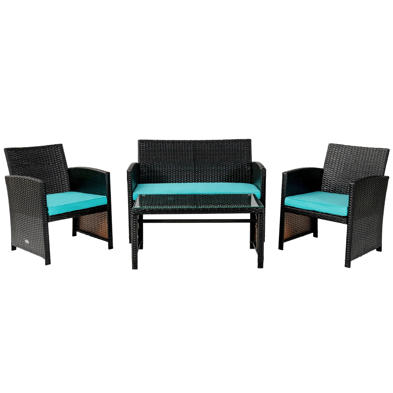4 Piece Patio Rattan Cushioned Furniture Set, Turquoise