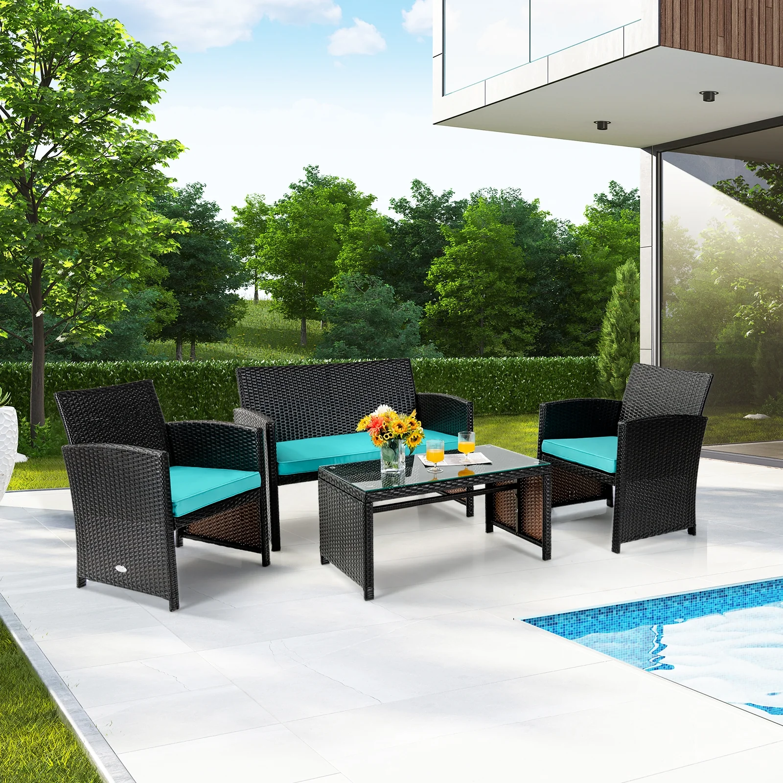 4 Piece Patio Rattan Cushioned Furniture Set, Turquoise - Image 2