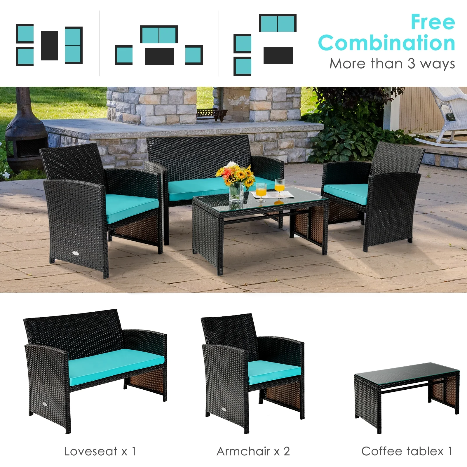 4 Piece Patio Rattan Cushioned Furniture Set, Turquoise - Image 3